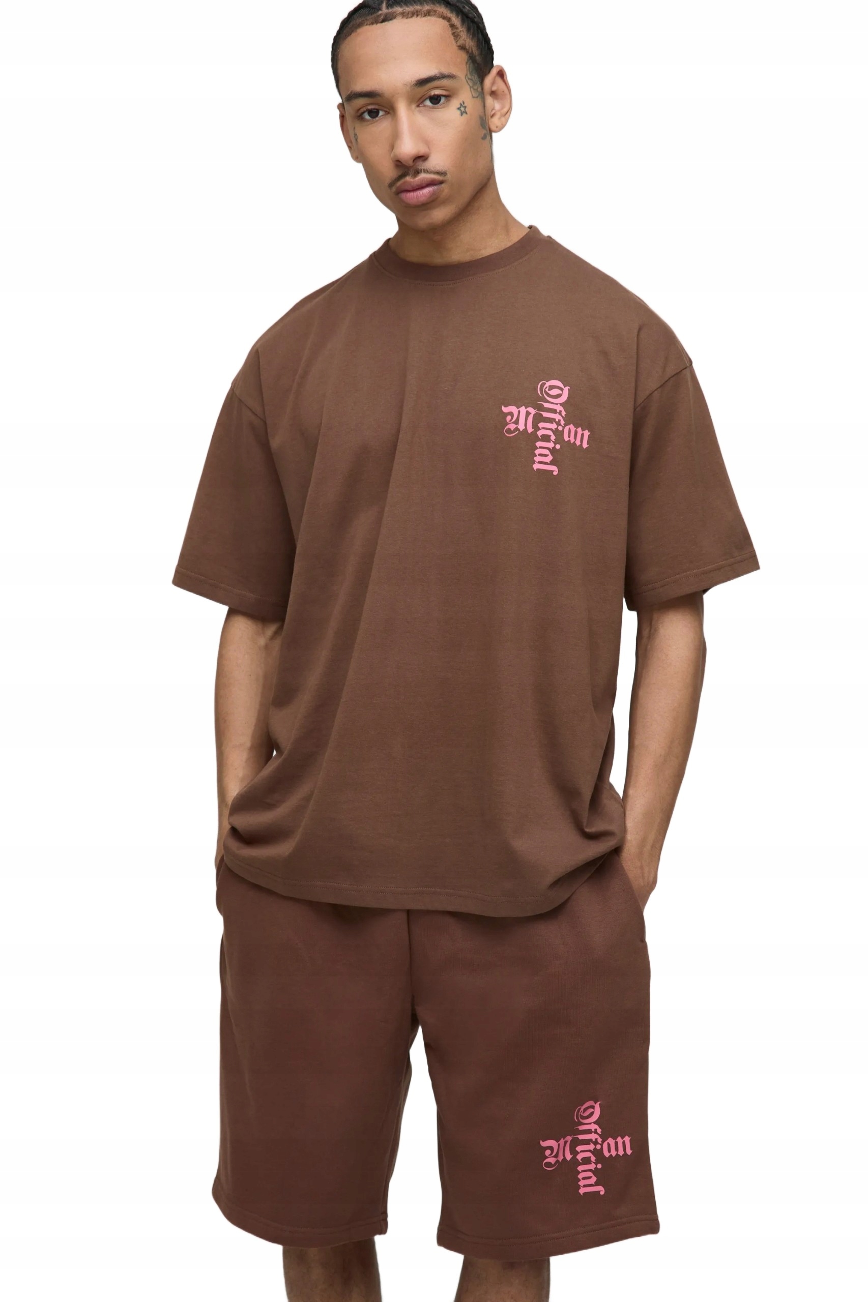 Boohooman Pánský Hnědý Komplet S Růžovými Nápisy M Z3A