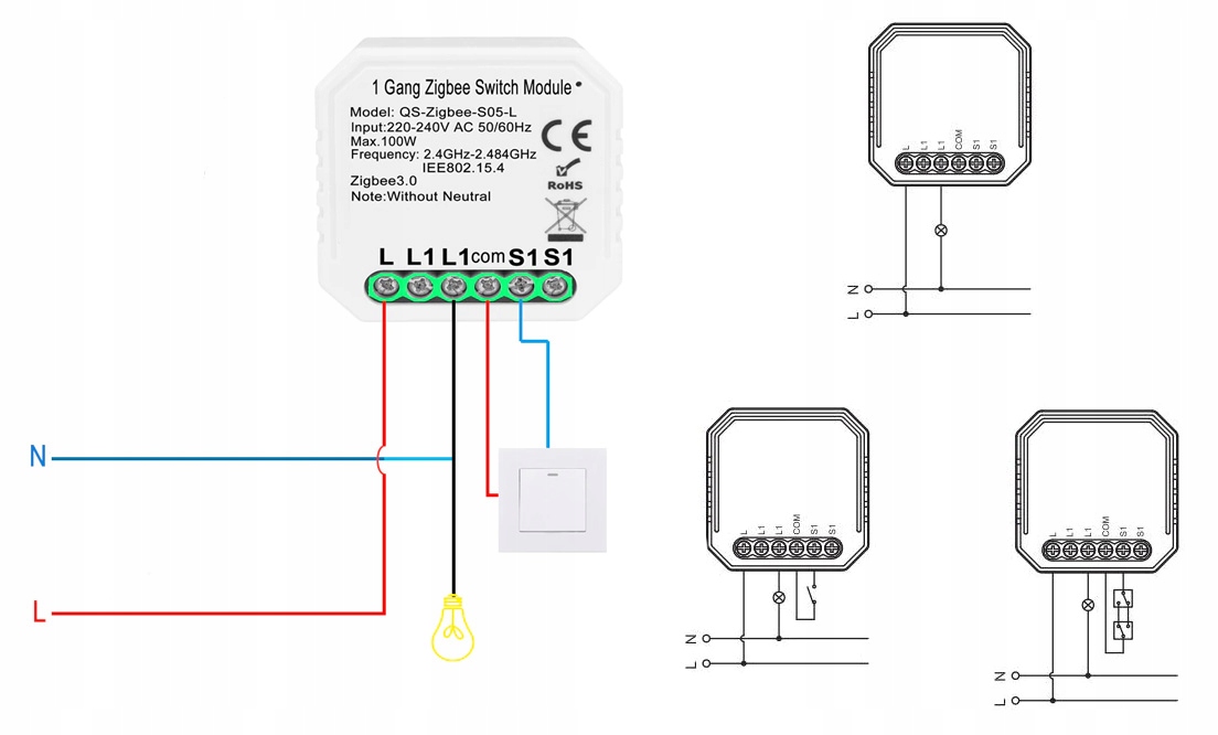 MINI Włącznik ŚWIATŁA DOPUSZKOWY 1 obwód ZIGBEE TUYA SMART HOME #bez N Zasilanie sieciowe