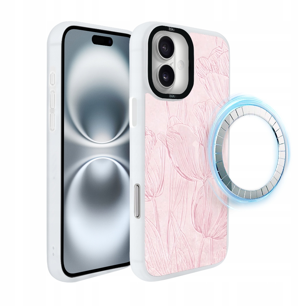Pouzdro pro iPhone 16 Ibizu DropGuard Matt s MagSafe, tulipánová freska, bílá