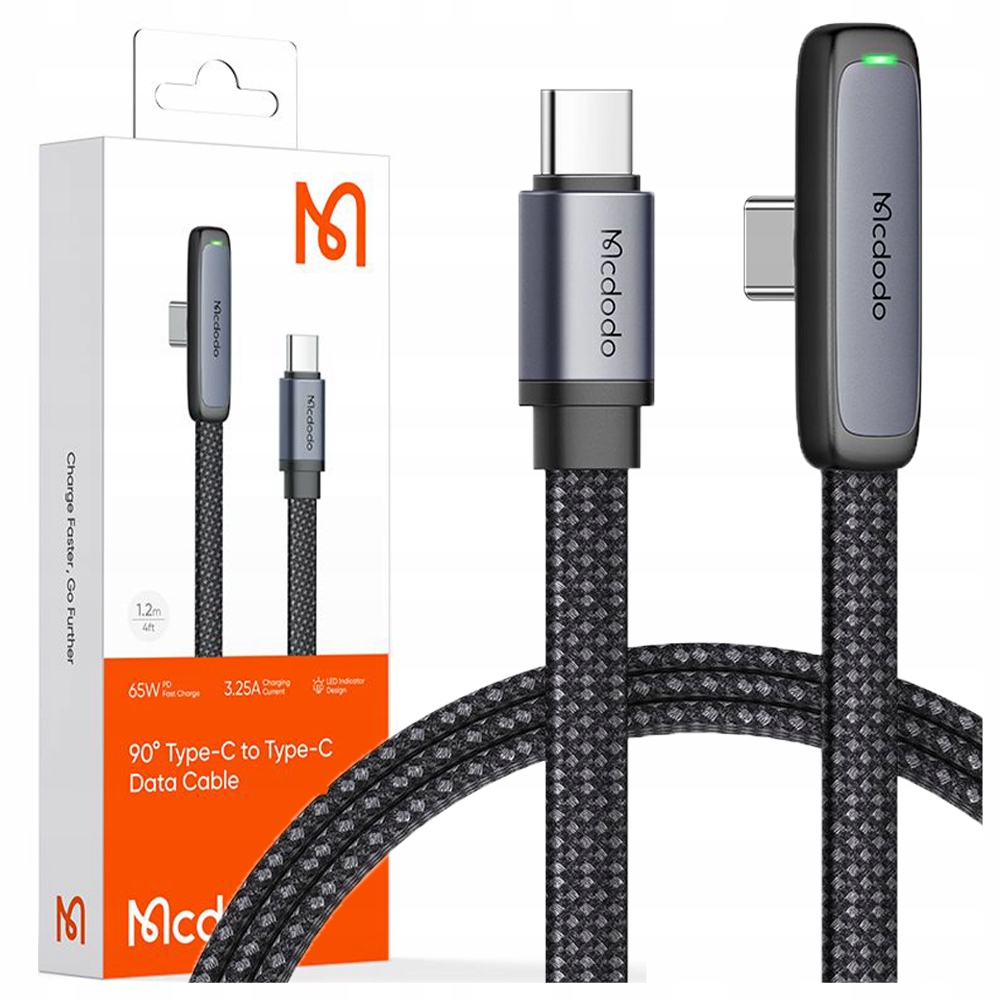 Mcdodo Kabel Usb-c Kątowy Szybkie Ładowanie Usb Typ C 3A 65W Czarny 2M