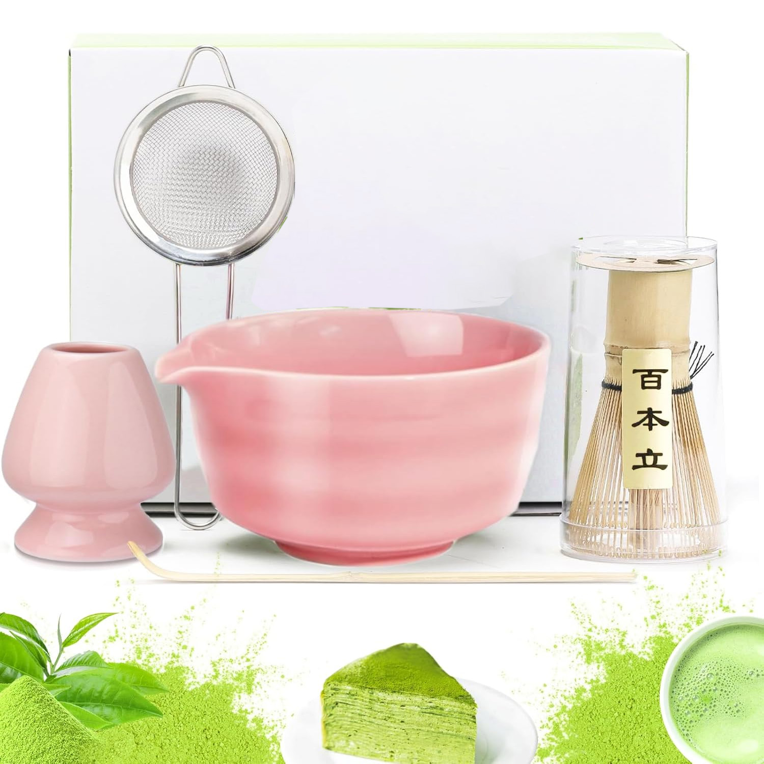 Levně Růžový Čajový Set Matcha Chasen, Šálek, Lžíce, Filtr, Dárek