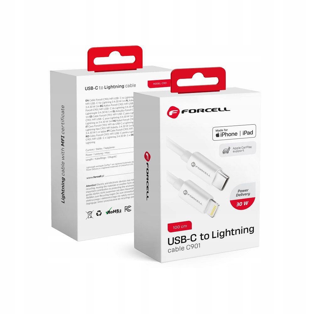 Forcell Kabel Typ C do Lightning 8-Pin Mfi 3A/9V 30W (Max) C901 1M Biały