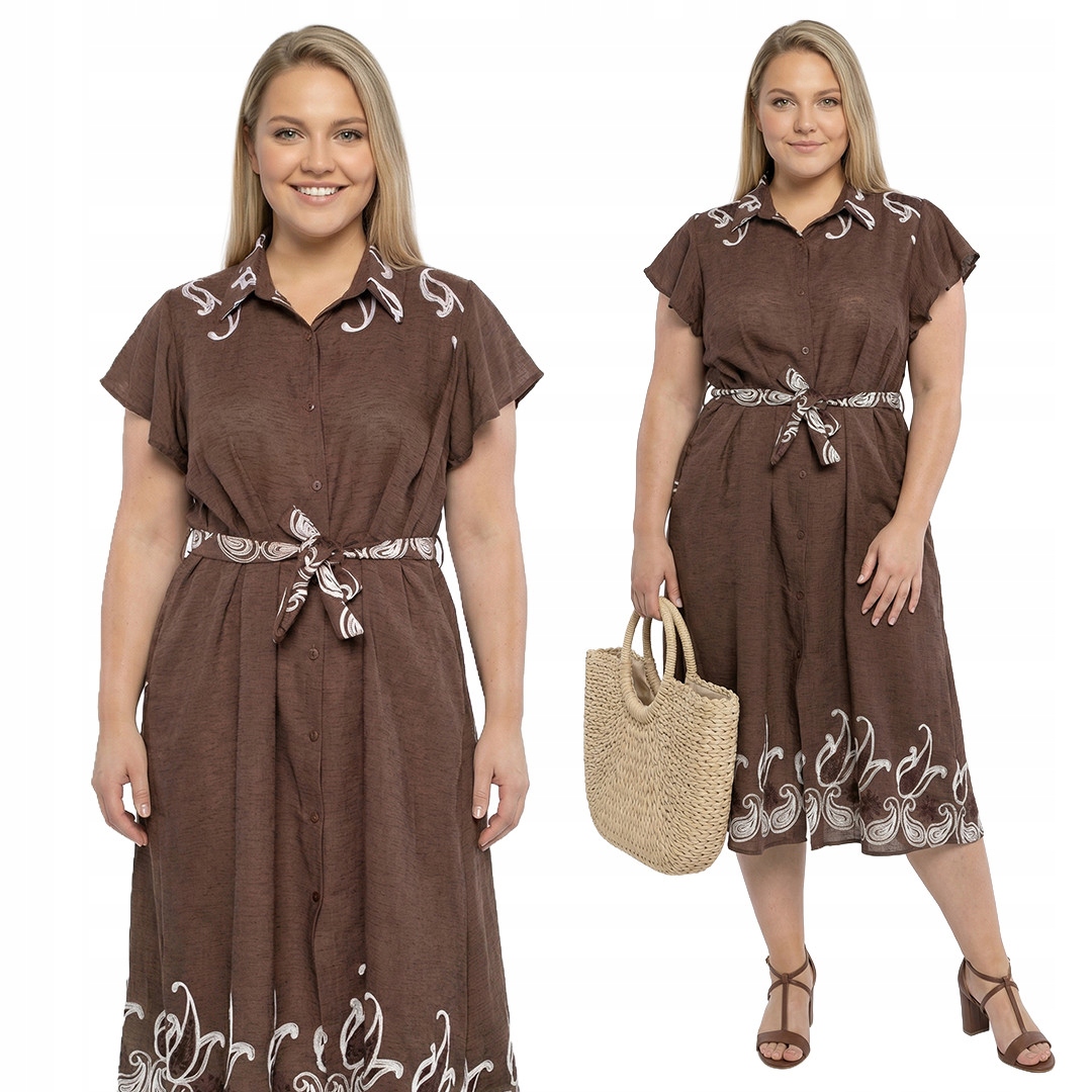 Hnědé šaty s vyšívanými světlými vzory plus size velikost 50