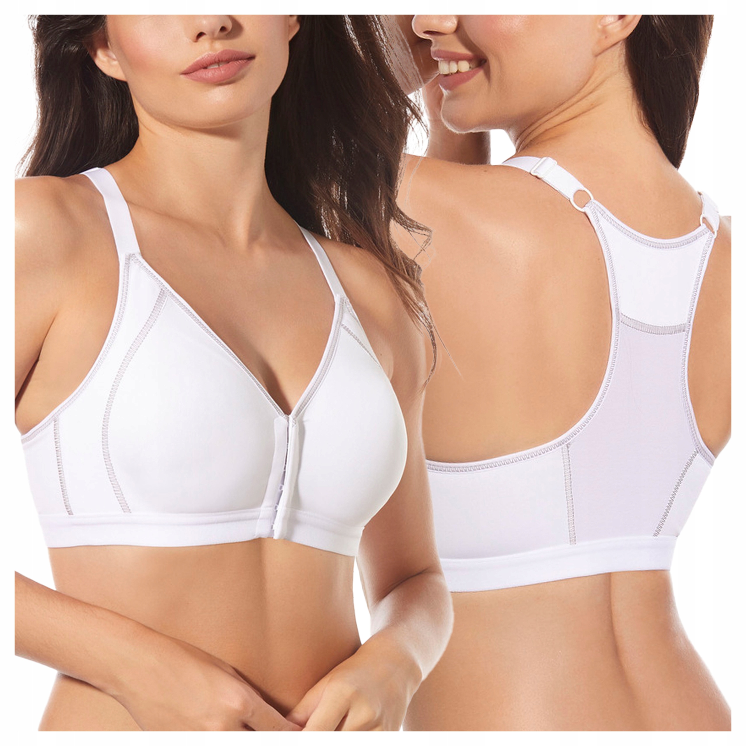 Pohodlná měkká sportovní podprsenka se zapínáním vpředu bez kostic, bílá, 80C