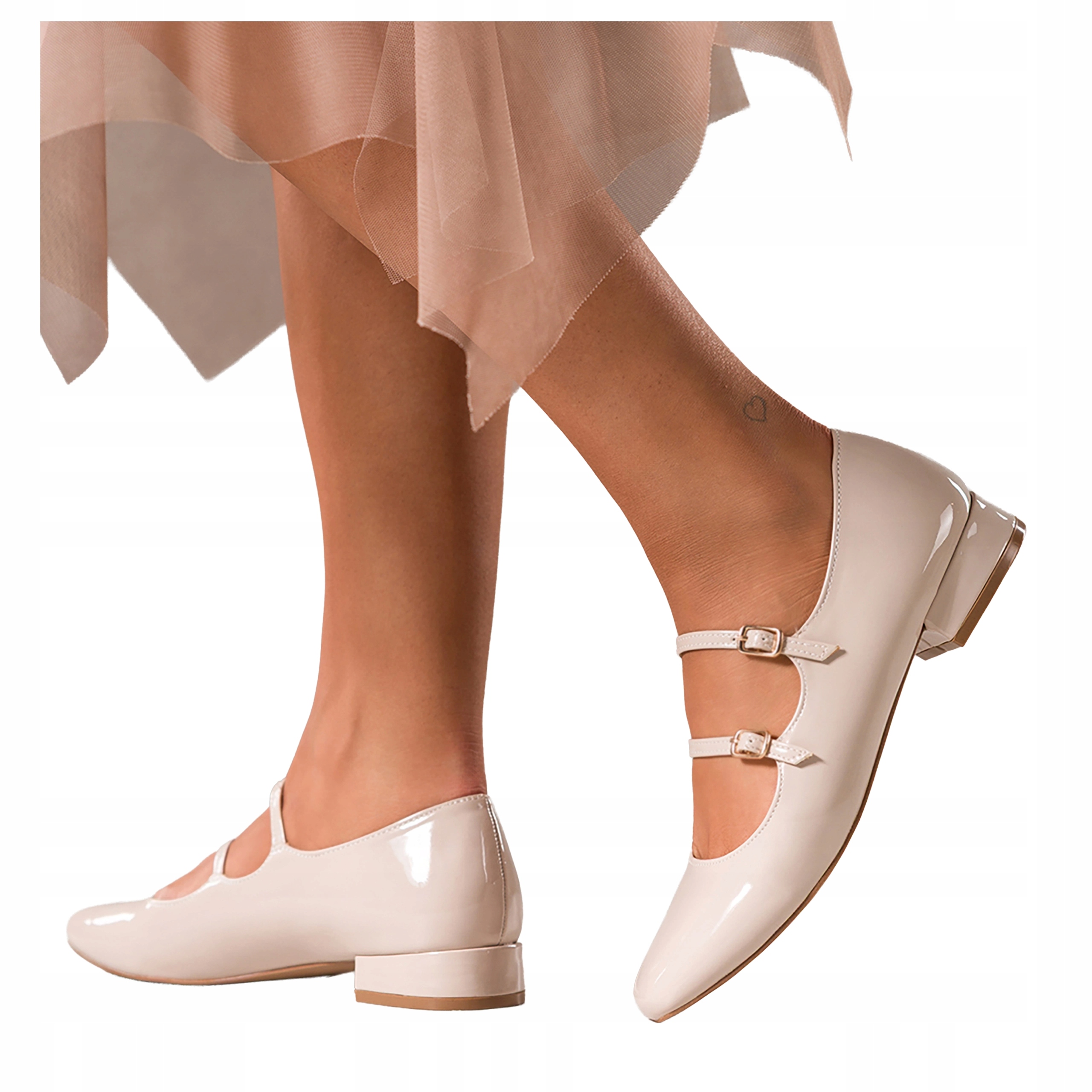 Béžové Baleríny Dámské Lakované Modne Nízký Podpatek Klocek Mary Jane vel 38