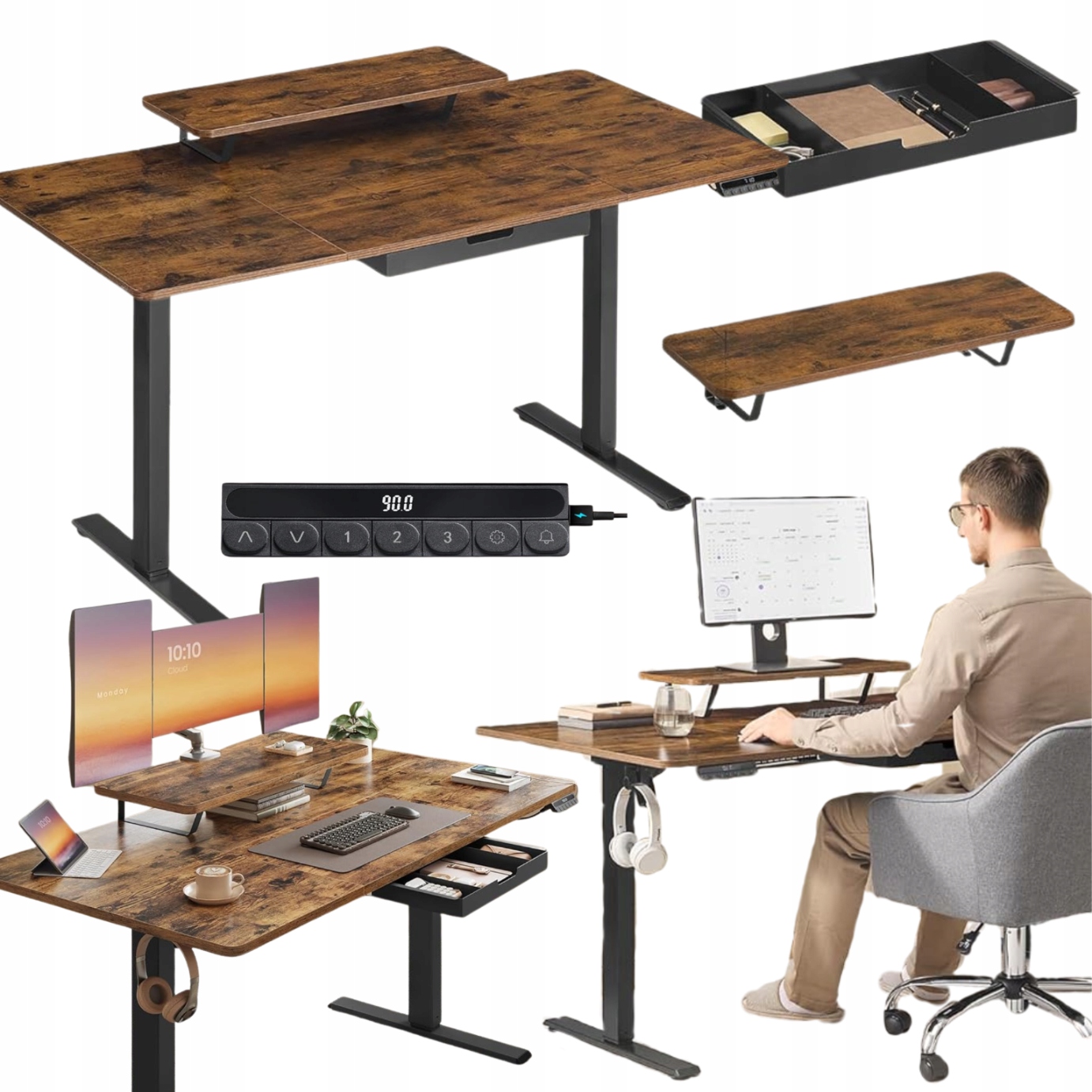 Písací stôl s elektrickou reguláciou výšky Stojan na monitor Zásuvka Usb C