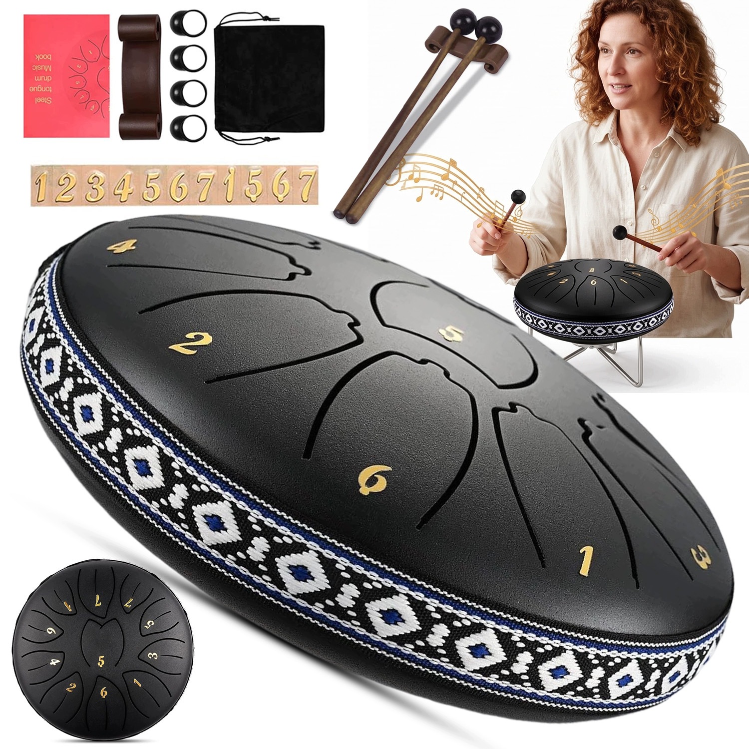 Ocelový Jazykový Buben Tongue Drum 6 Palců 11 Tónů D Dur Meditace Jóga