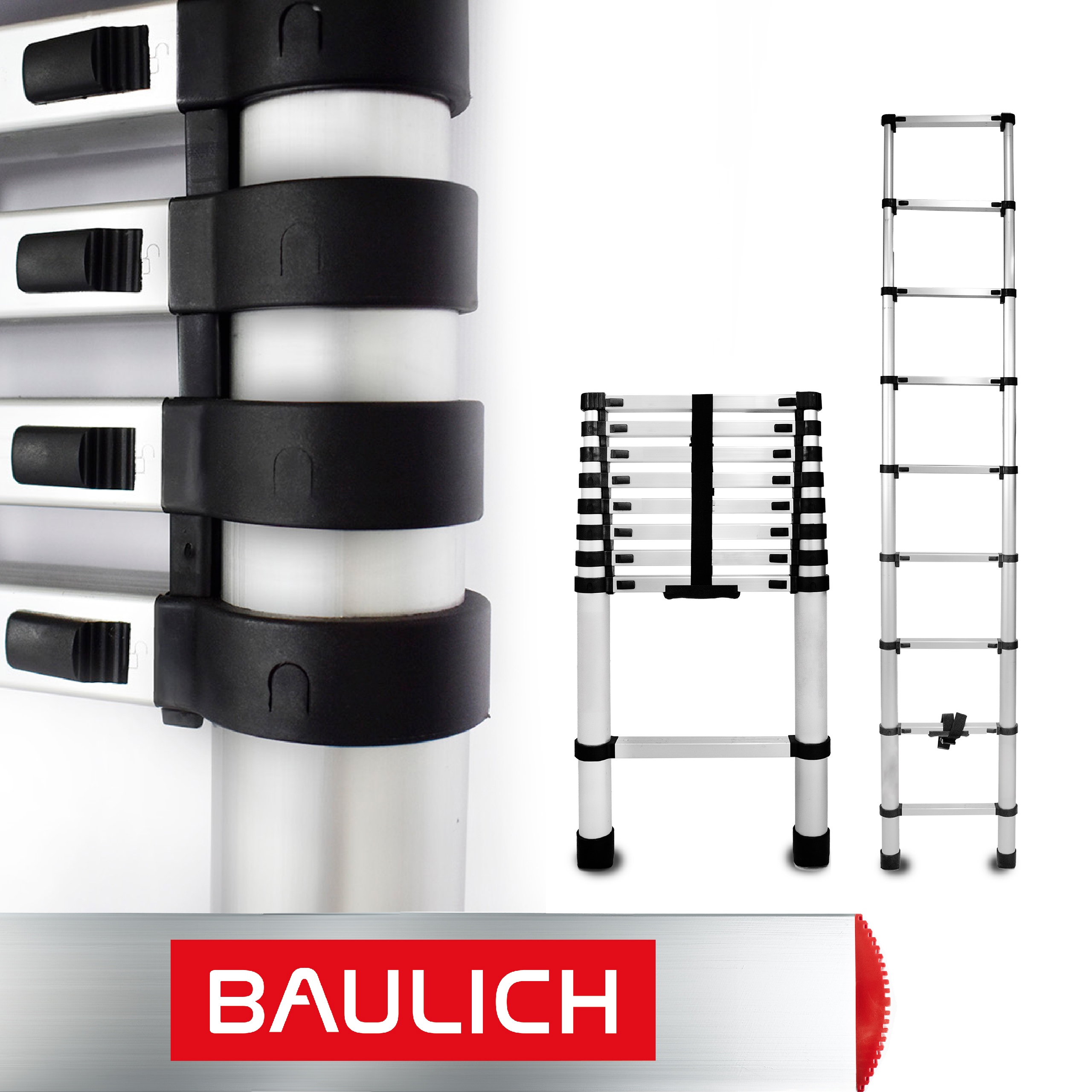 Skladací teleskopický rebrík z hliníka s 9 priečkami a Nárazníkmi