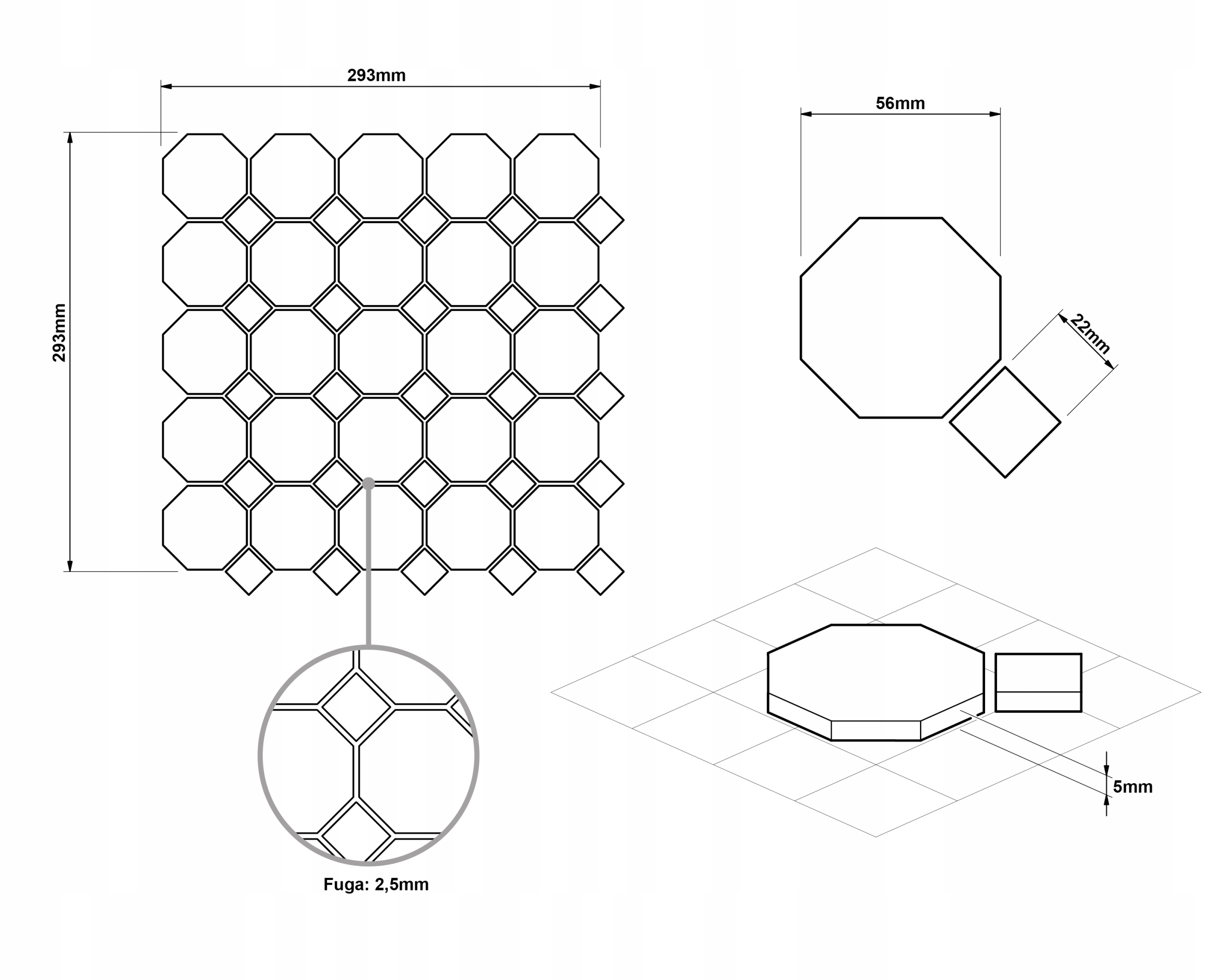 MOZAIKA CERAMICZNA OCTAGON WHITE CLASSIC Długość 29.3 cm