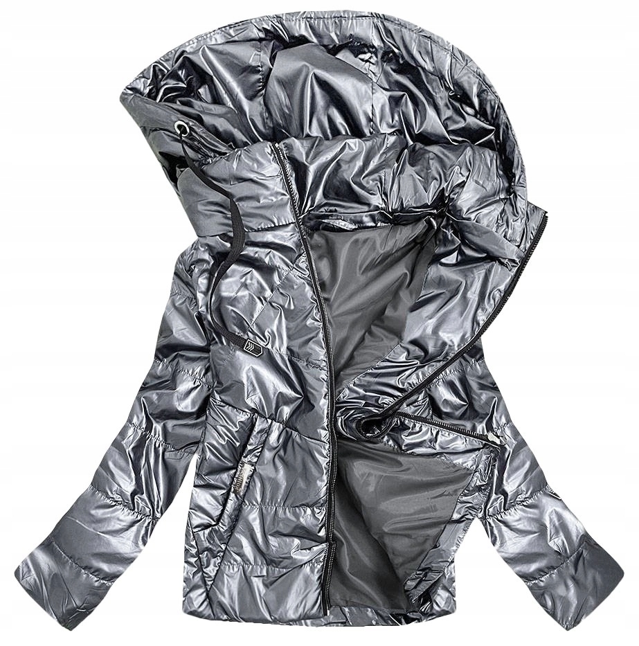 Lesklá Bunda S Kapuce B9575 Stříbrná 50