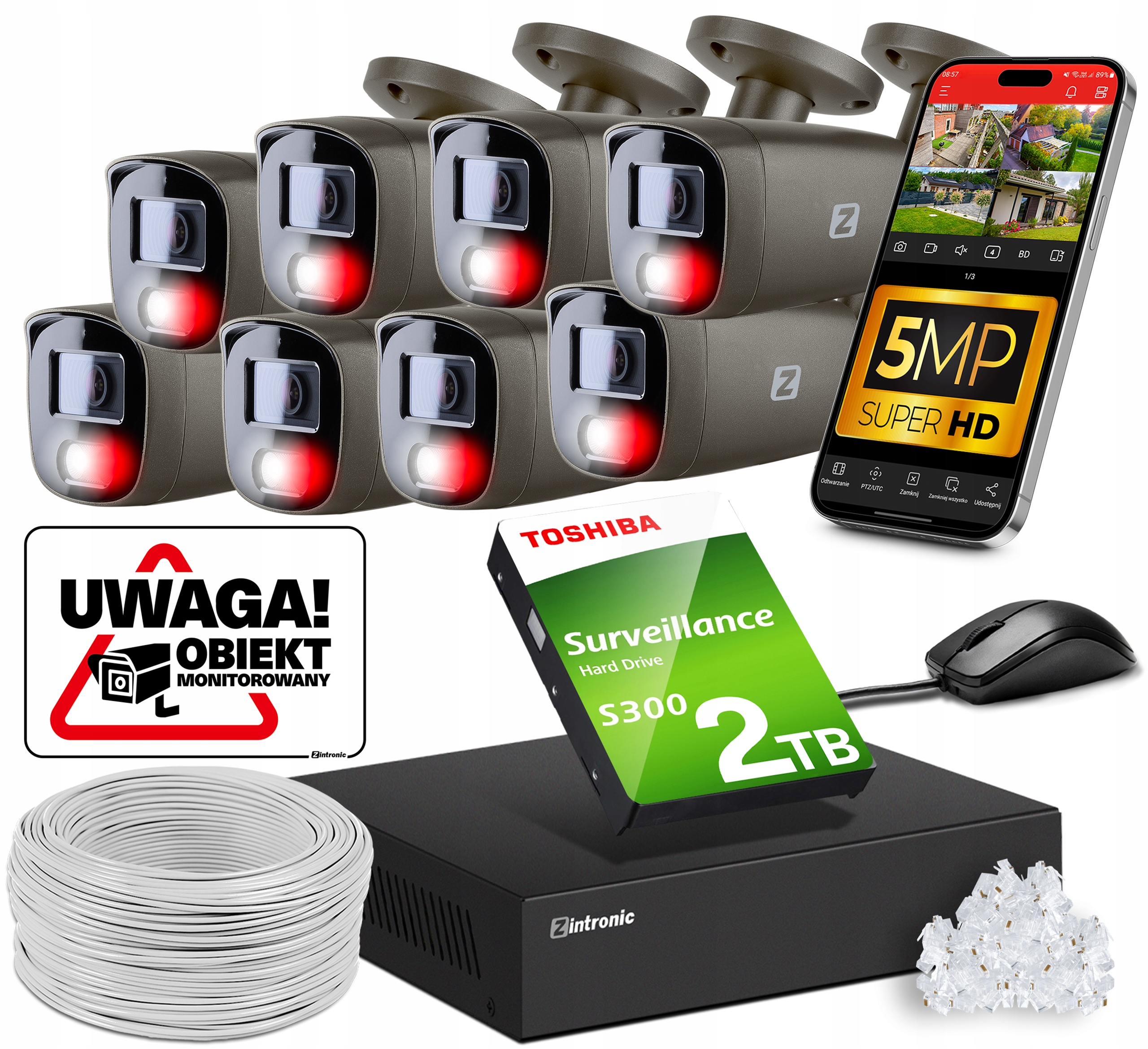 Sada pro monitorování Ip Poe 8 kamer 5MPx 2TB Šedá Náhledová Aplikace Switch