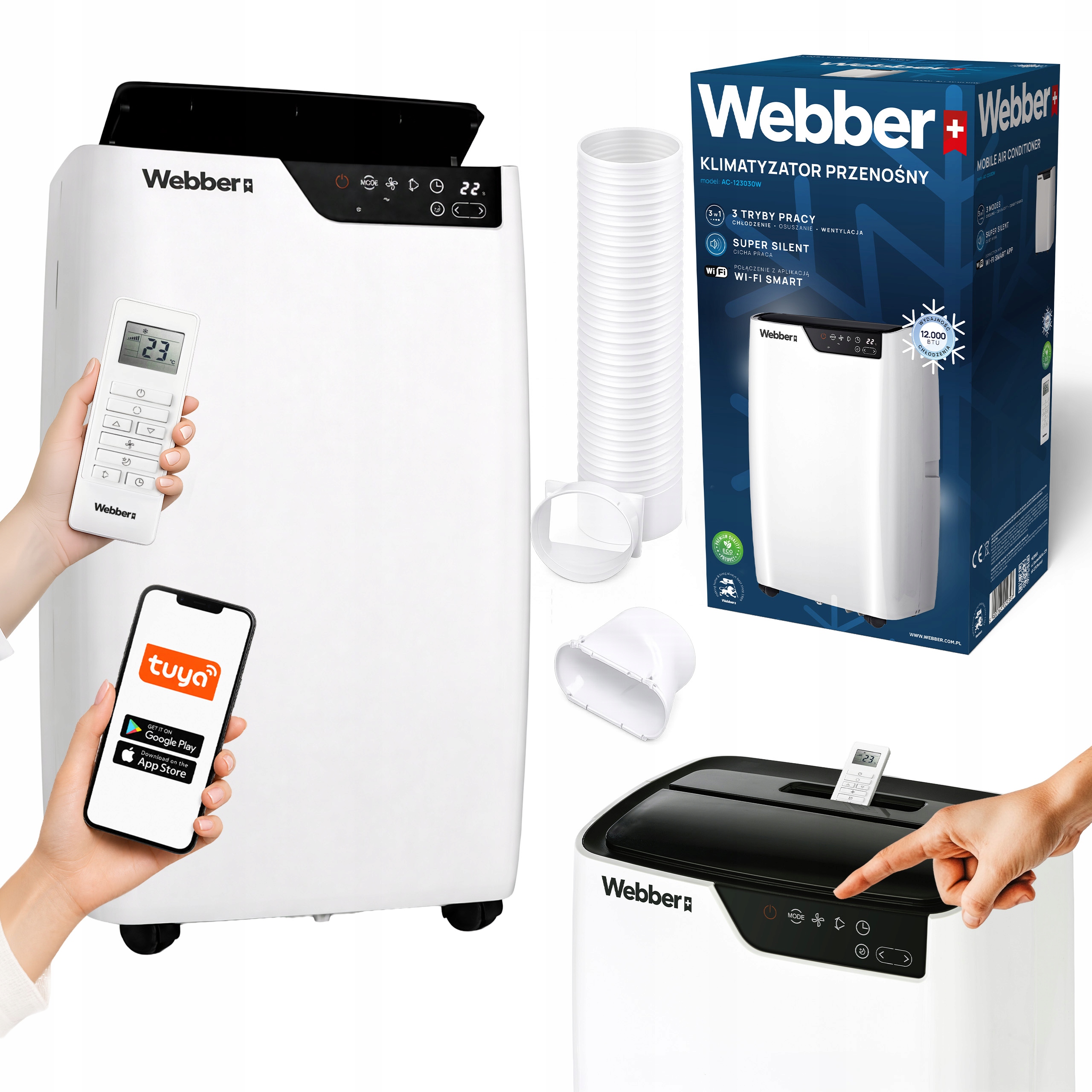 Prenosný klimatizátor Webber 12000BTU 4v1 WiFi vyhrievací odvlhčovač diaľkového ovládania 49 m2