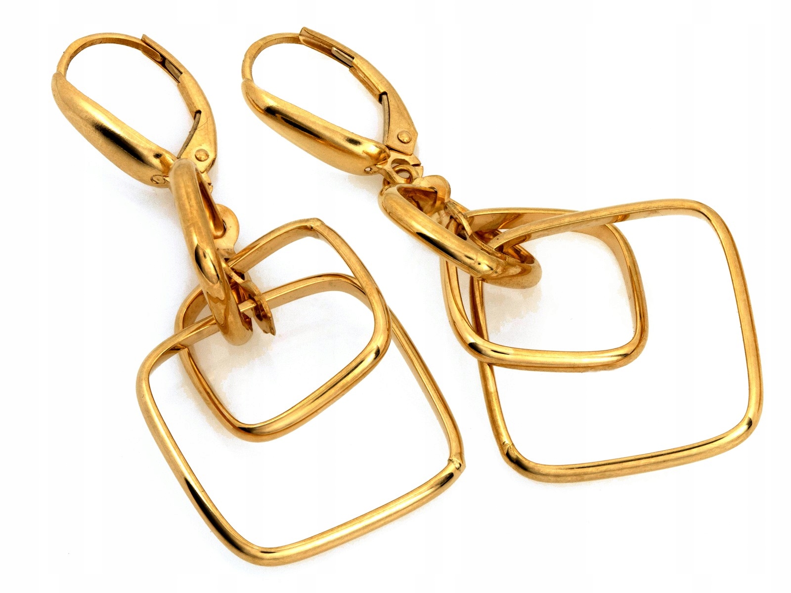 Náušnice zlaté 585 závěsné dlouhé s třemi čtverci, rámečky čtverců 14kt