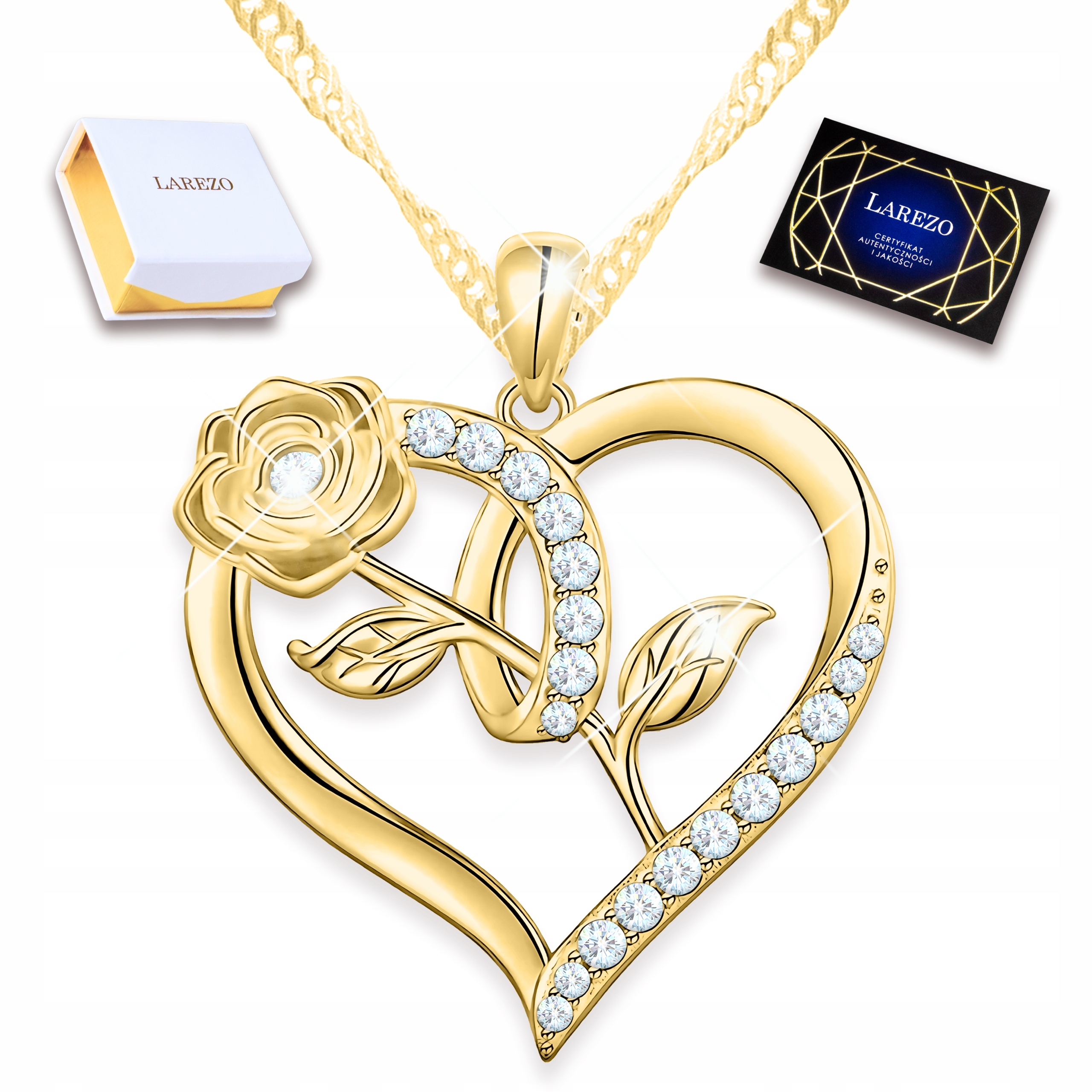 Zlatý náhrdelník Květ růže Srdce Srdíčko s bílými zirkony Stříbro 925