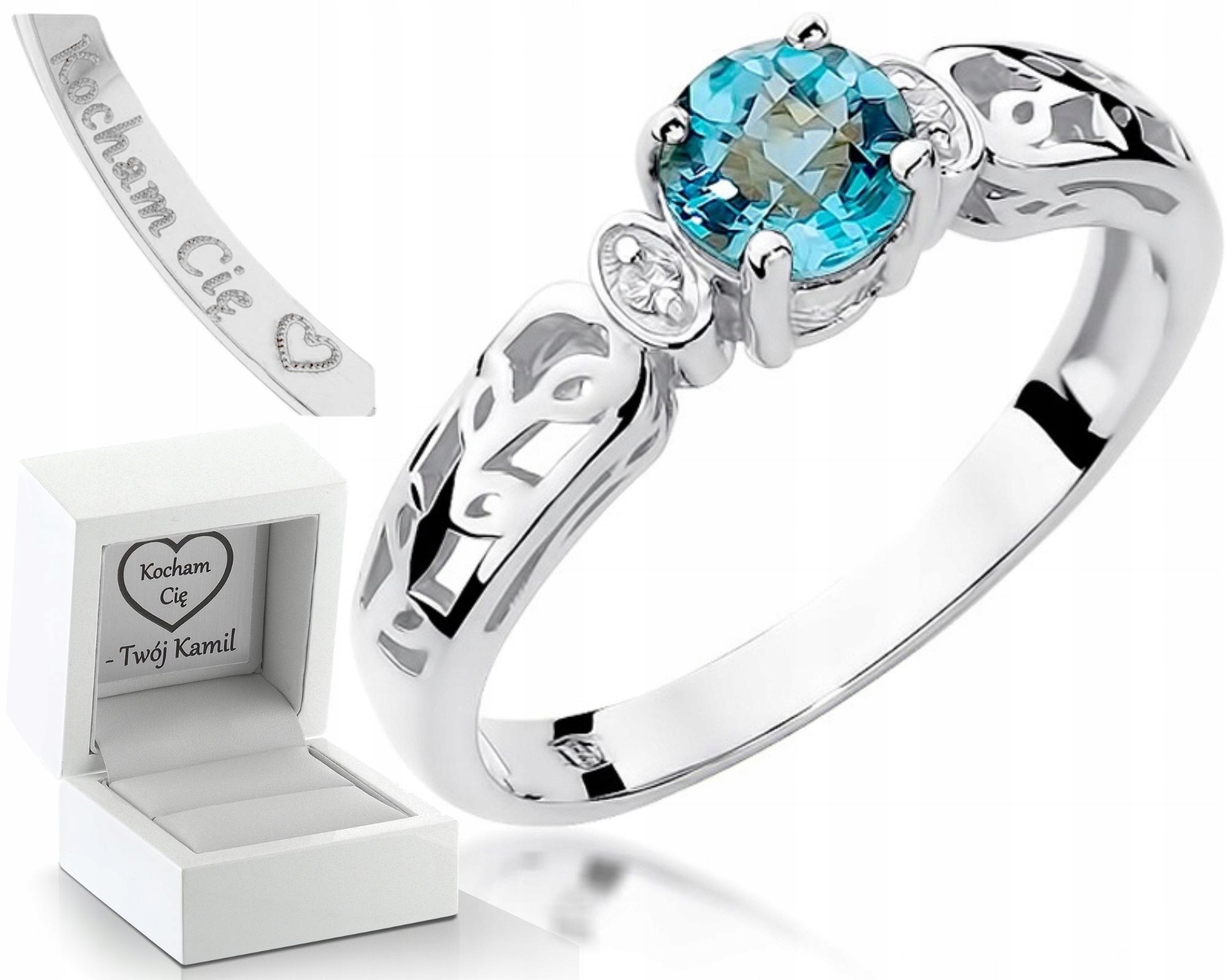 Prstýnek Topaz Brilianty Bílé Zlato 585 Gravírování