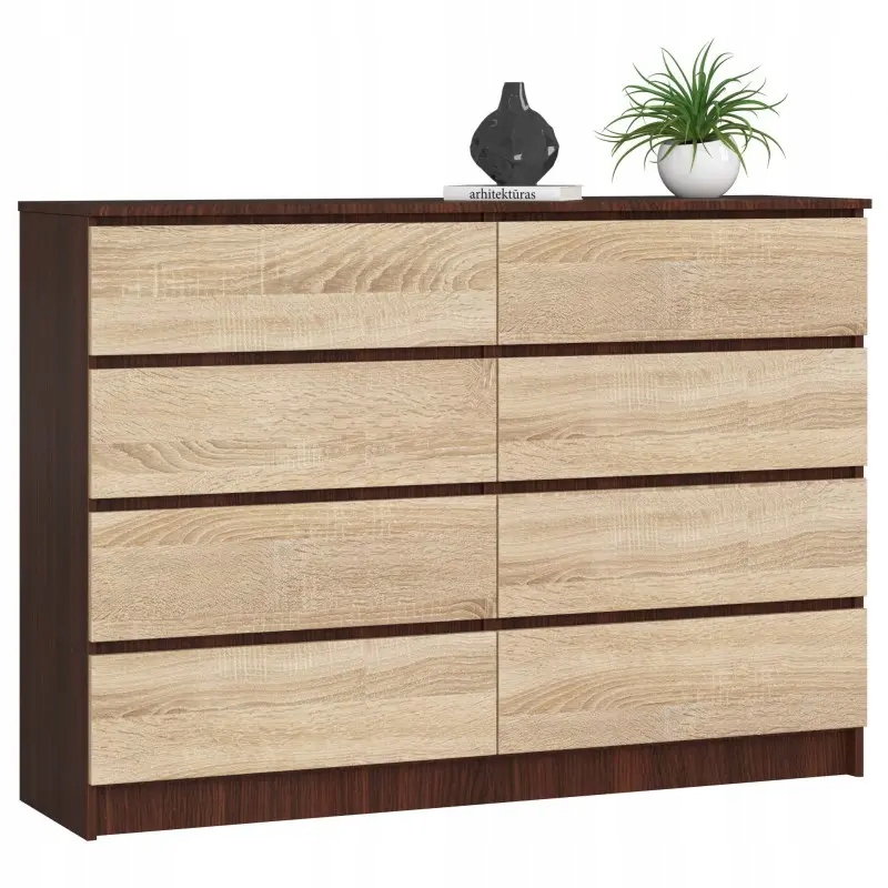 Komoda do salonu 140 cm 8 szuflad bezuchwytowa pojemna Wenge Dąb Sonoma