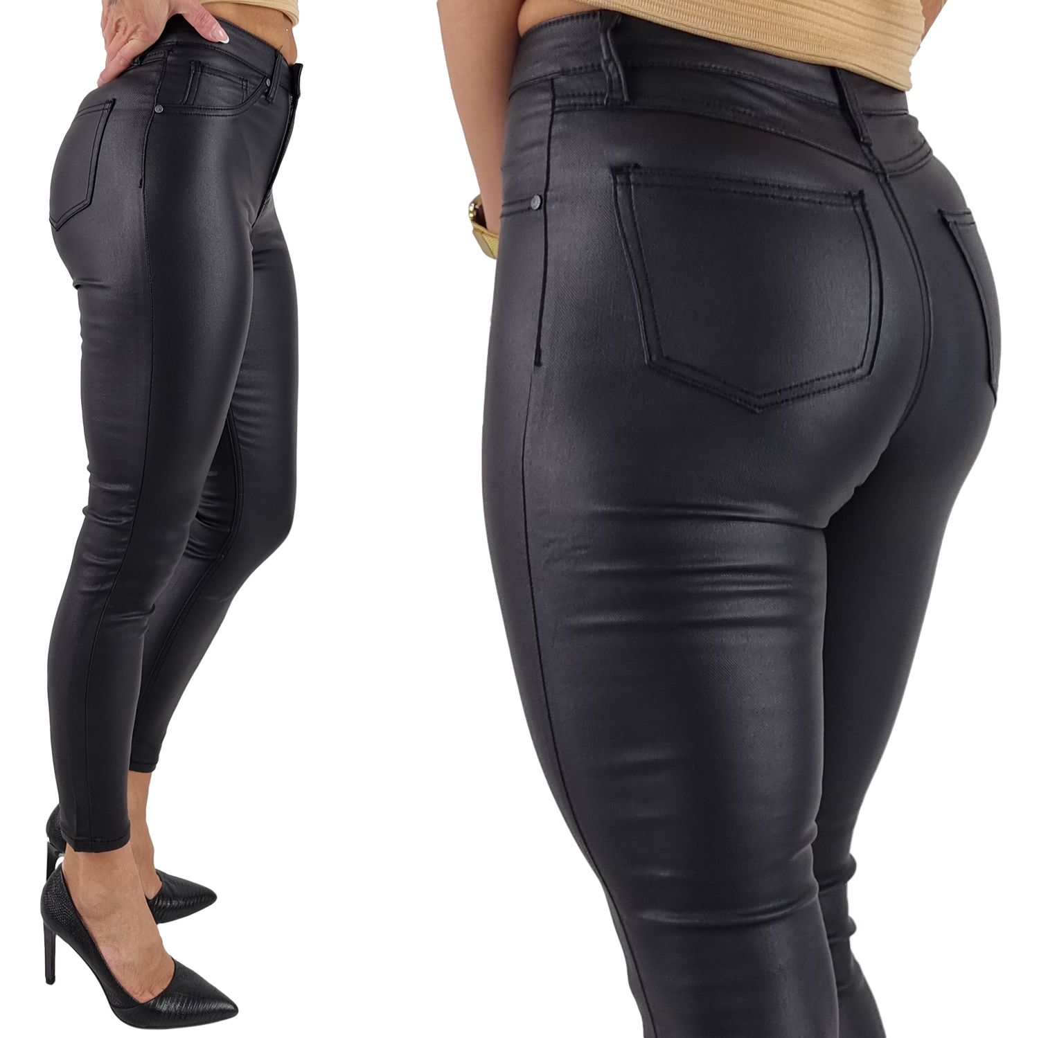 Damskie Spodnie Modelujące Dopasowane Woskowane Skóra Black