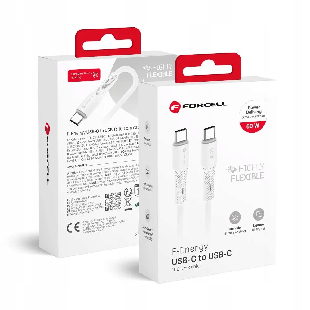 Kabel Usb C na Usb C Forcell F-Energy QC4.0 Pd 3A 60W Silicone 1 m C344 bílý