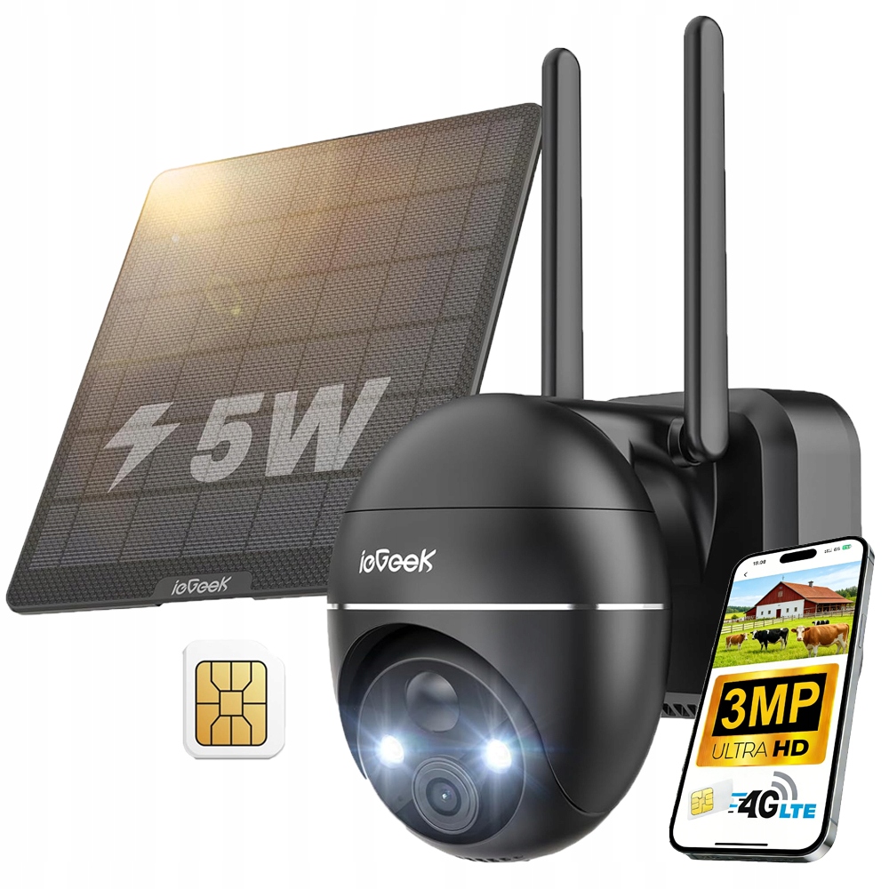 Venkovní solární kamera 2K 3MPX Sim karta 4G Lte Otočná Detekce Pir