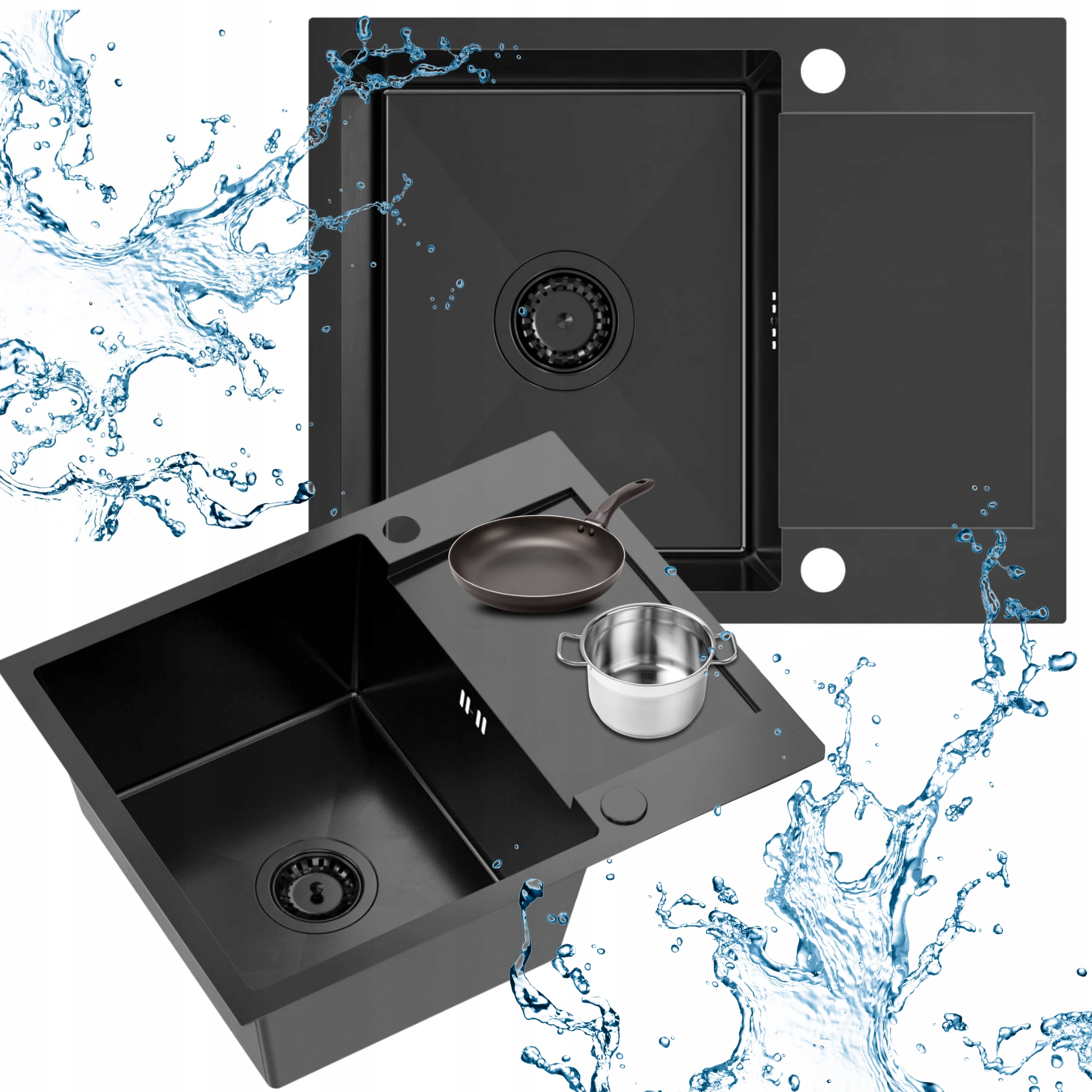 Jednokomorový oceľový Drez s odkvapkávačom čierny sifón záslepka 7v1