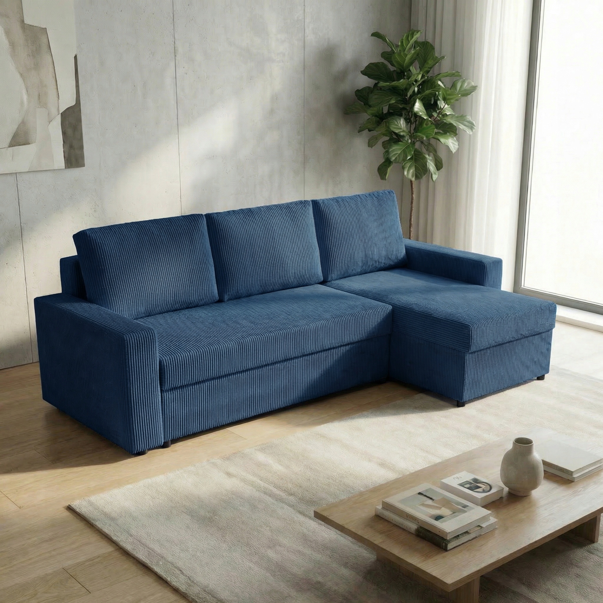Rohová sedačka s funkcí spaní do obývacího pokoje Nirvana Plus manšestr modrá