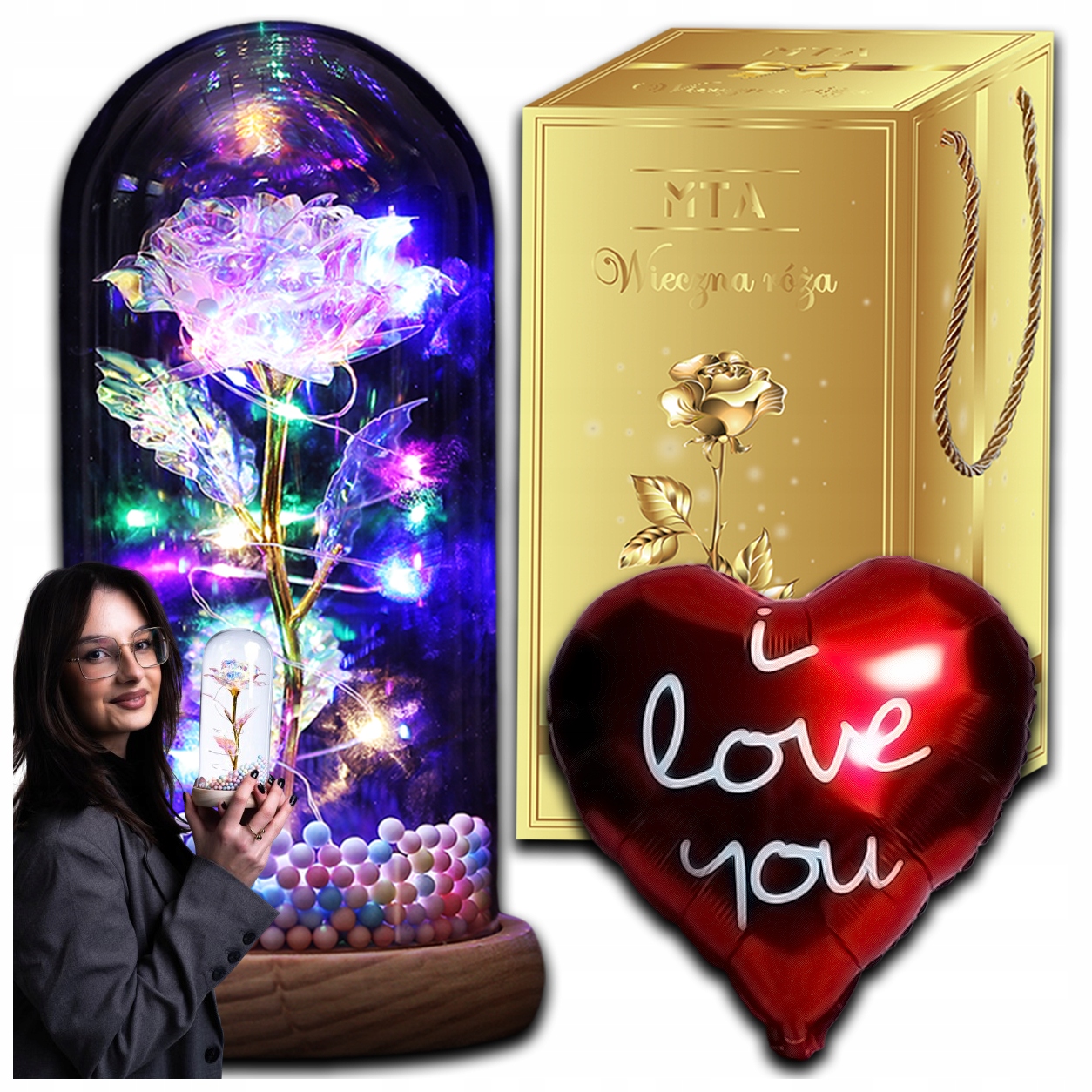 WIECZNA RÓŻA W SZKLE ŚWIECĄCA LED PREZENT DLA NAUCZYCIELA ZAKOŃCZENIE ROKU