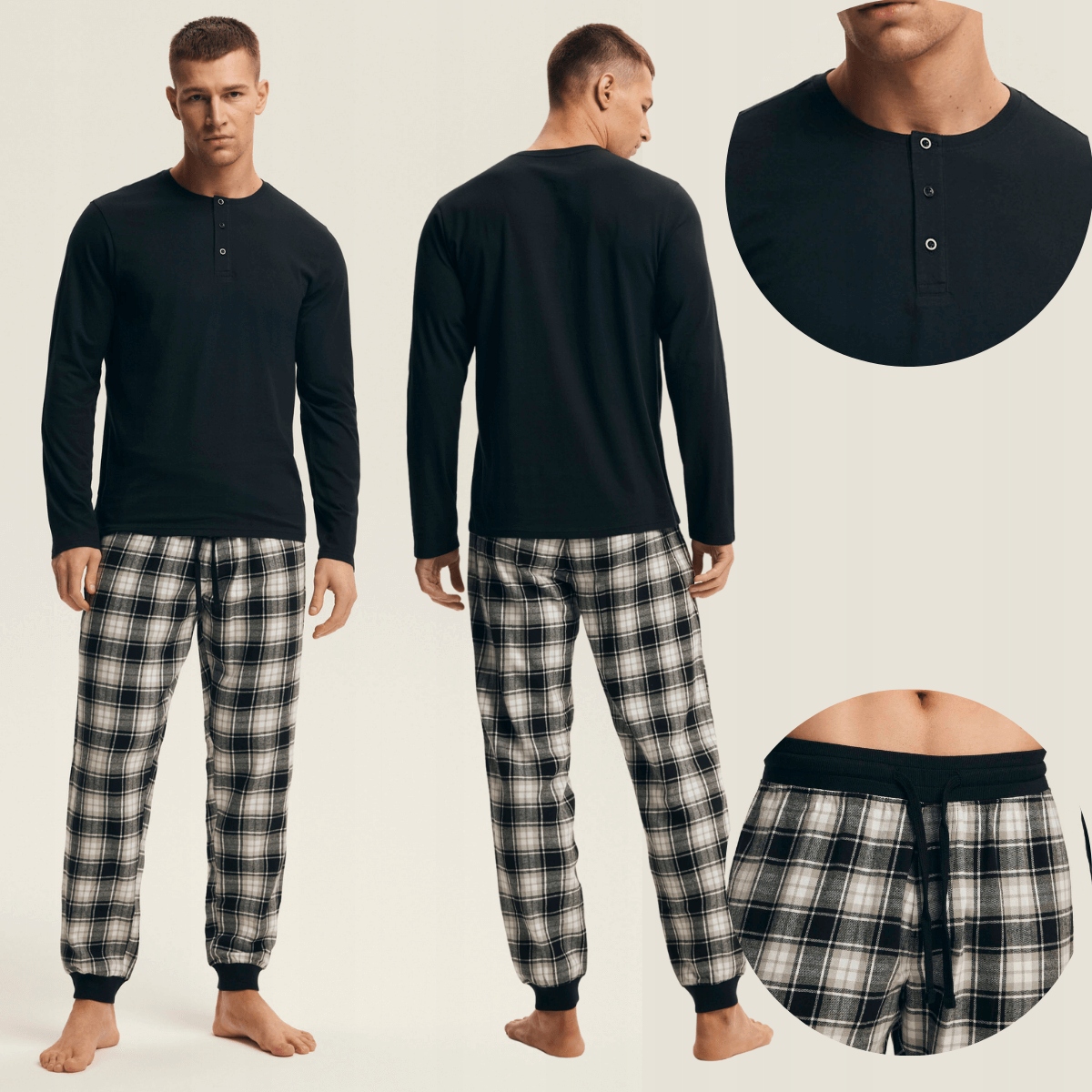 Pánské dlouhé flanelové kostkované rozepínací pyžamo 43457 Noir M