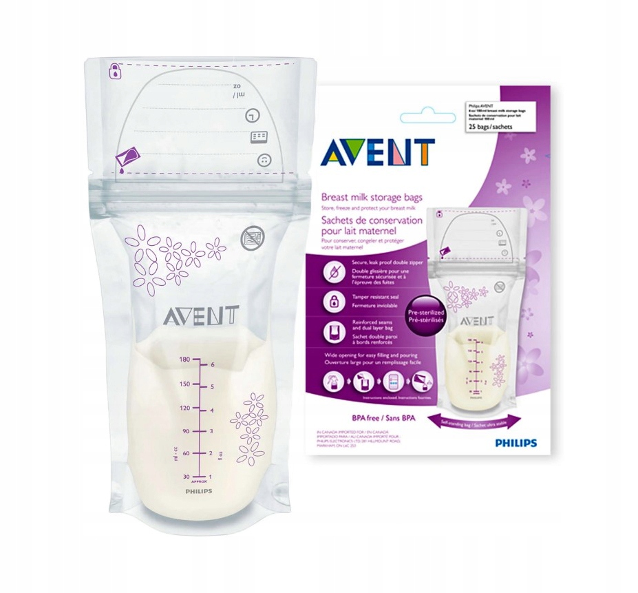PHILIPS AVENT SZCZELNE WORECZKI DO MROŻENIA POKARMU MLEKA MAMY 180ML 25 SZT