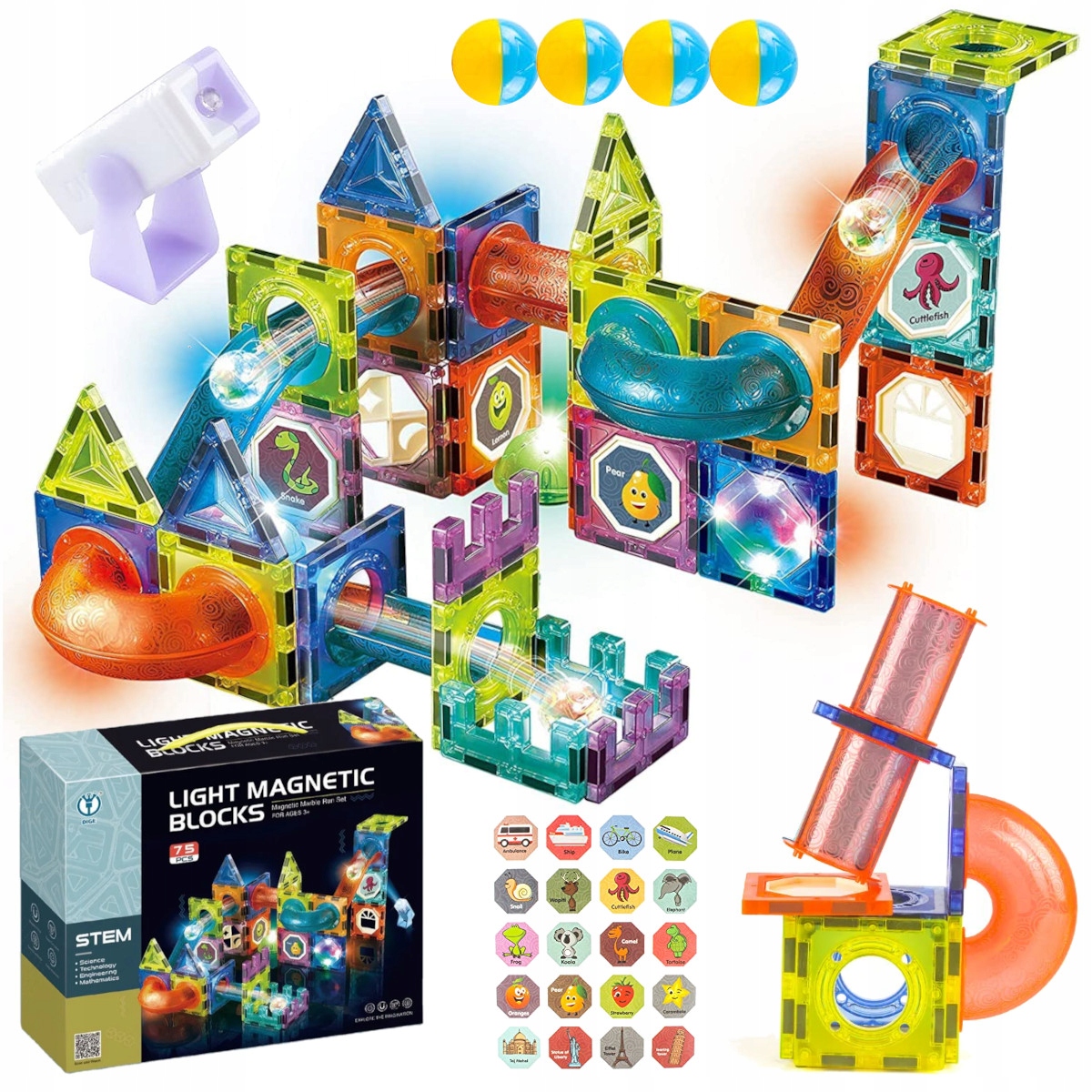 KOLOROWE Klocki Magnetyczne 3D KONSTRUKCYJNE MAGNETIC Tor Kulkowy Świecący