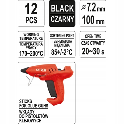 Klej termotopliwy 7,2x100mm 12szt czarny Yato Średnica 7.2 mm