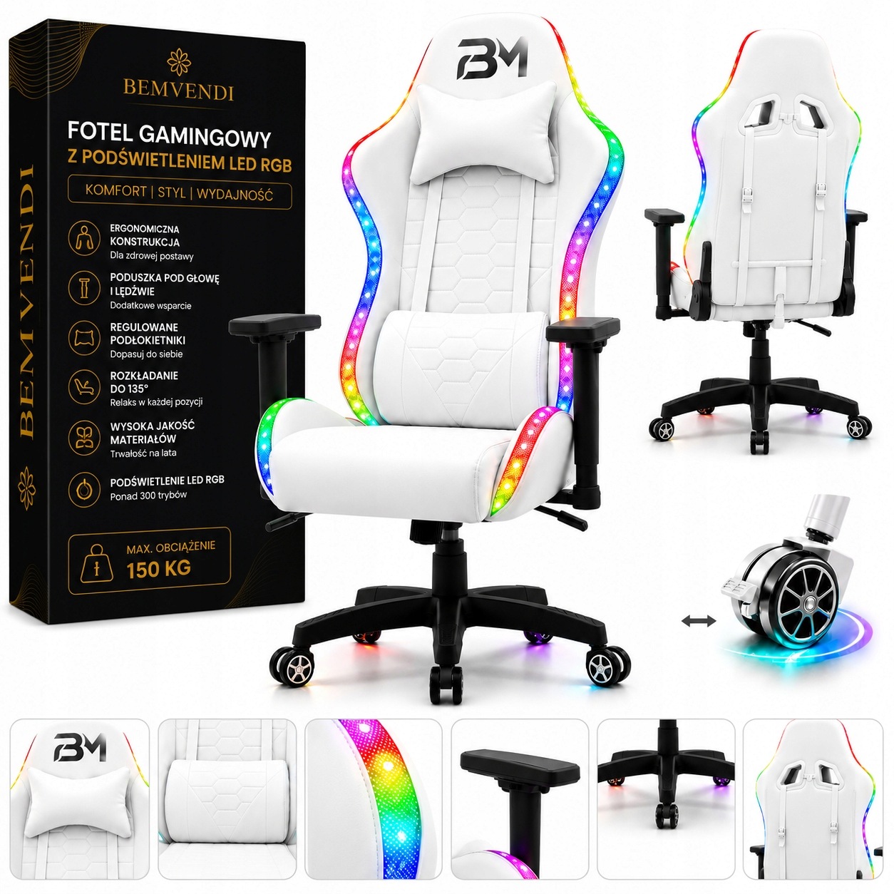 Fotel Obrotowy Gamingowy B3M Gaming White Tkanina Ekoskóra Led Rgb Biały