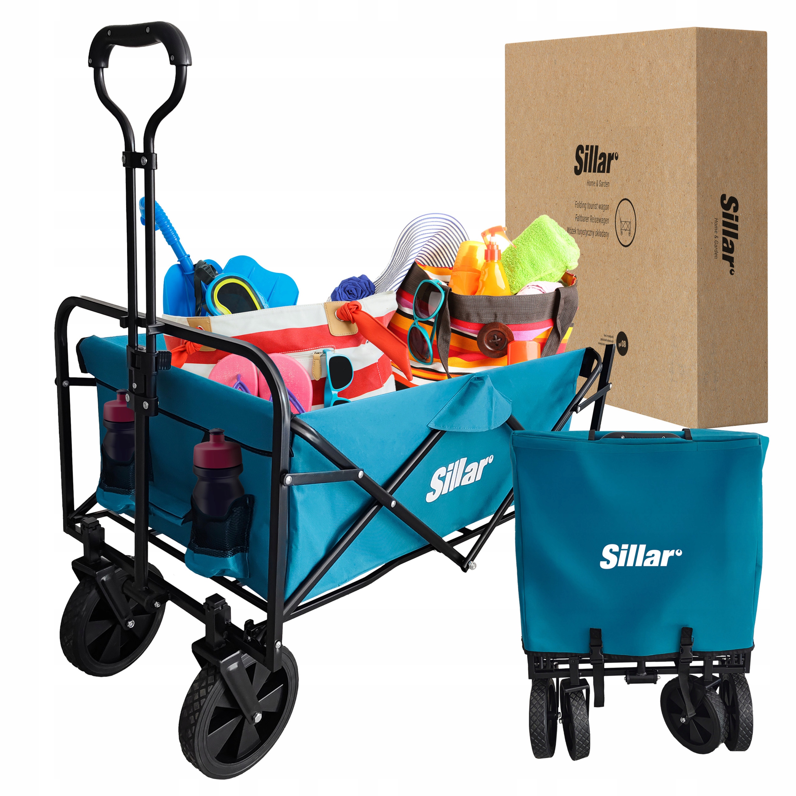 Skládací zahradní pomocný přepravní vozík pro plážové nákupy na kolečkách