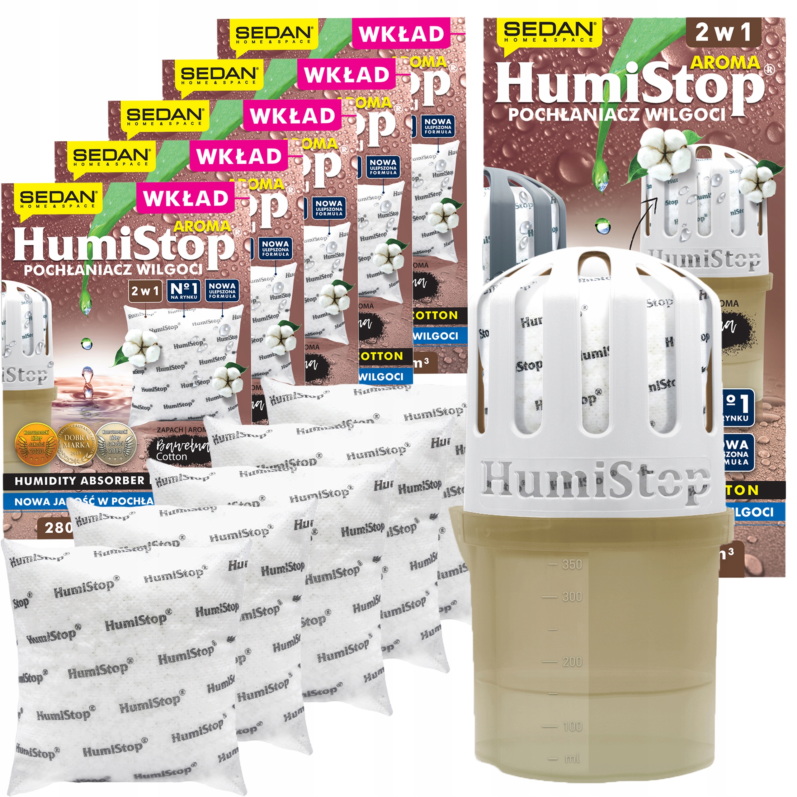 Pohlcovač vlhkosti HumiStop – 1x zařízení 6x vonná náplň Bavlna
