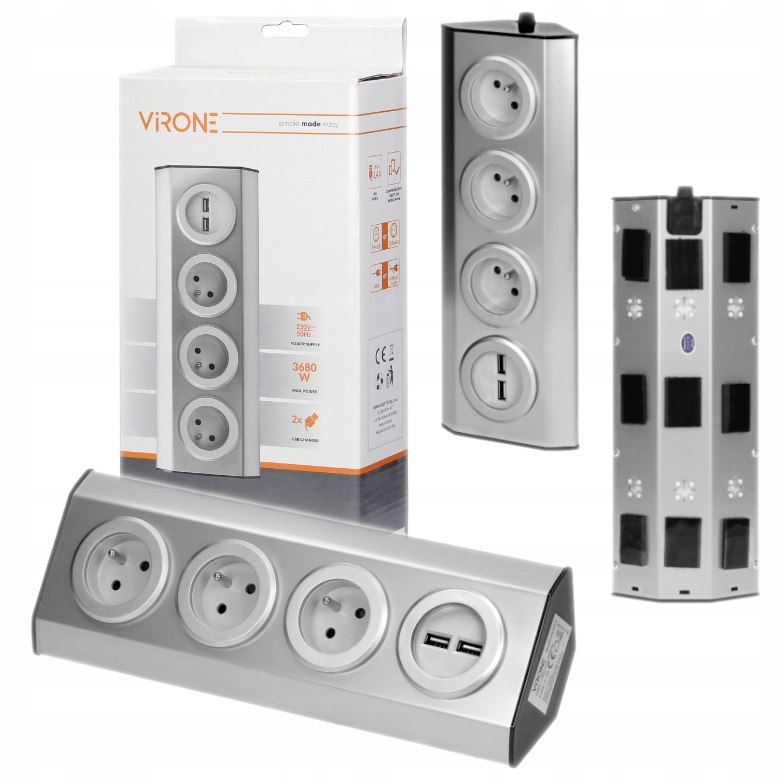 Gniazdo Meblowe Narożne Podszafkowe Blatowe 3x230V 2xUSB Na Rzep Inox