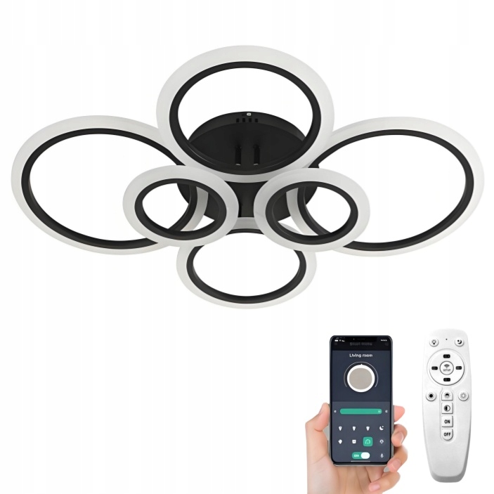 Lampa Led Plafon Sufit Żyrandol Pilot 6xRING Czarna Nowoczesny Do Salonu