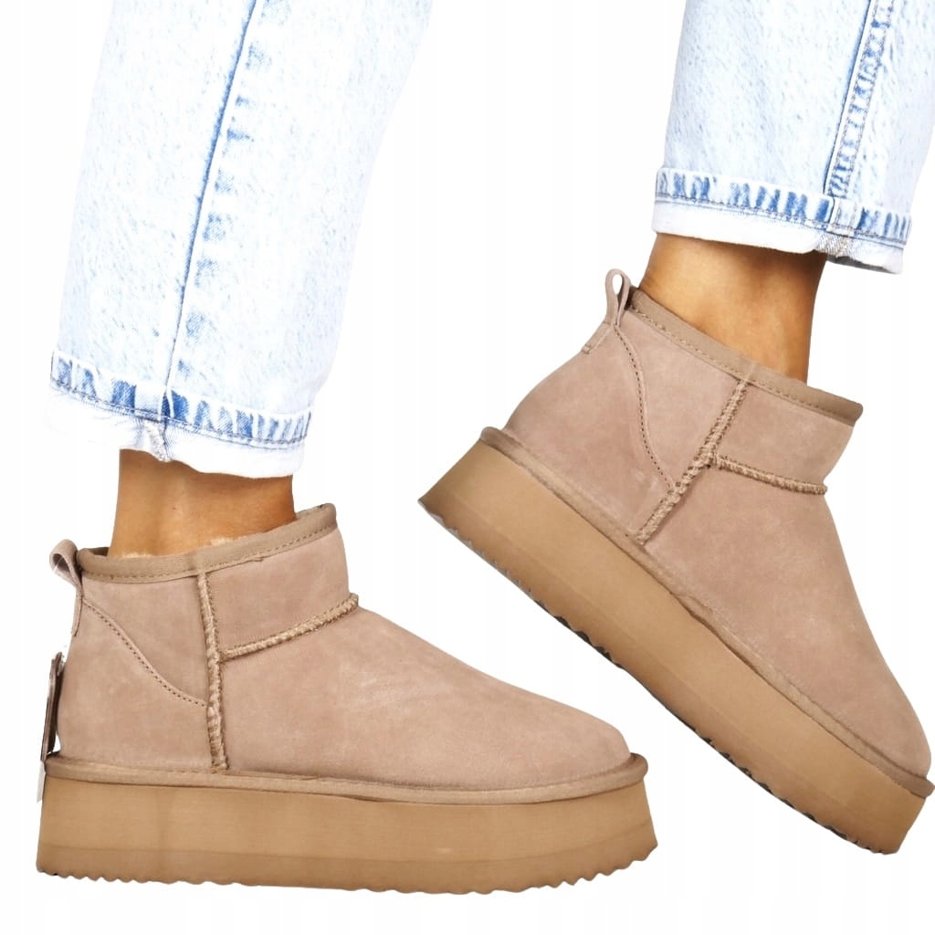 Dámské Sněhule Na Platformě S Tlustou Podrážkou, Kožené, Béžové, Teplé Tričko