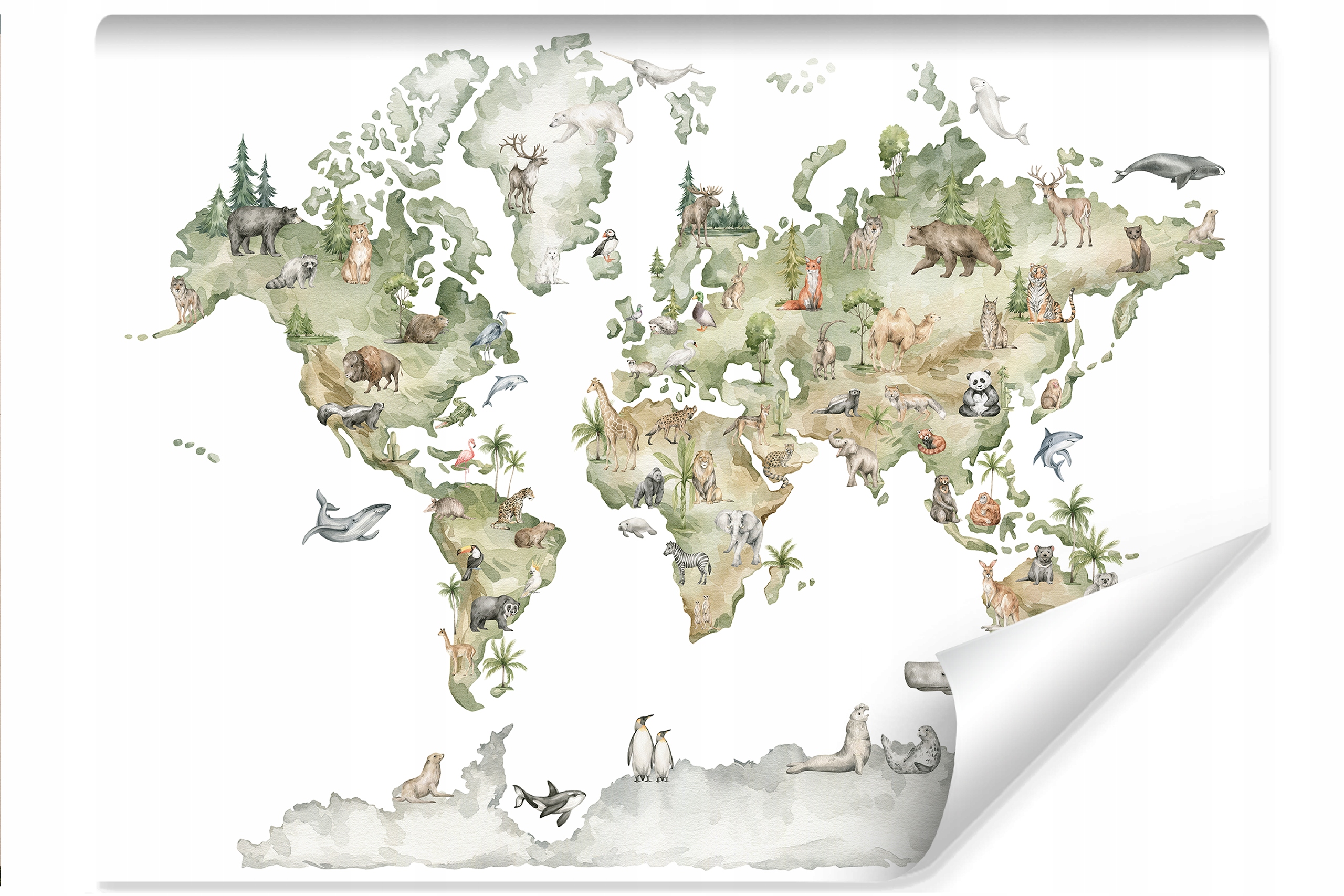 Fototapeta pro děti Mapa Světa Zvířata Akvarel Kontinenty 300x210
