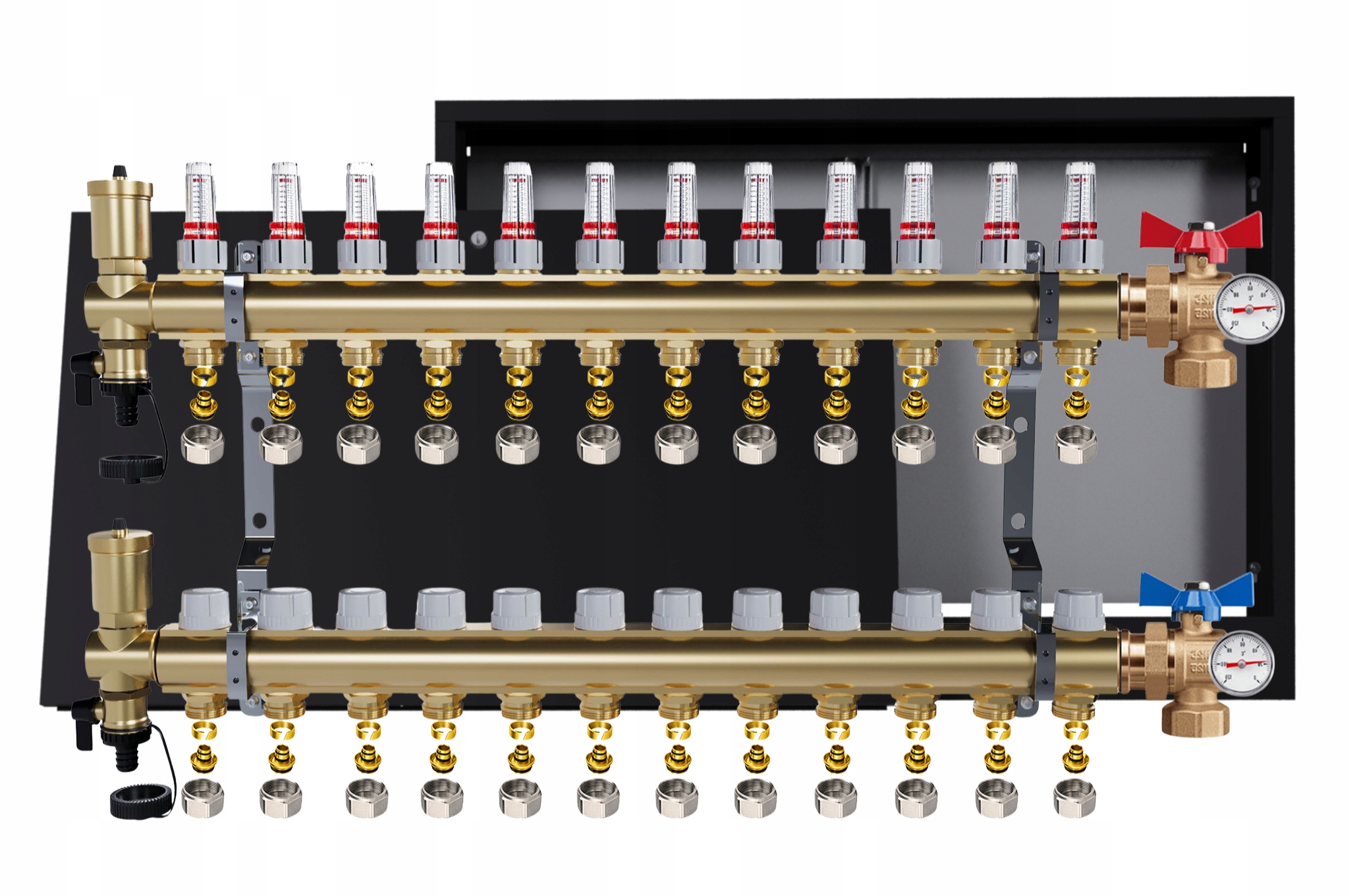 Rozdělovač Pro Podlahovku 12 Okruhů Ventily Teploměr Skříňka Pex