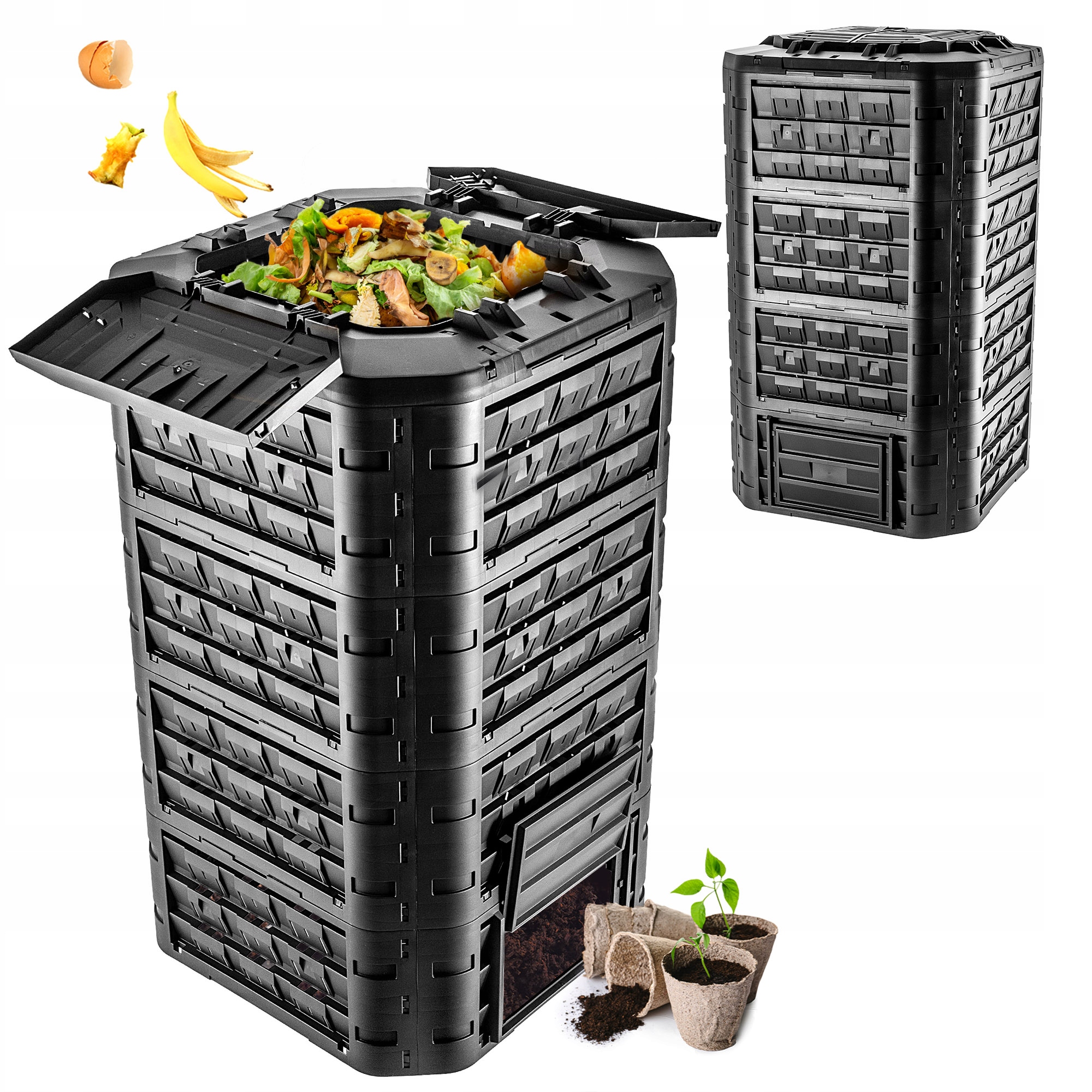 Zahradní Kompostér Modulární Černý, Mrazuvzdorný, Velké Hnojivo XXL 1250 L