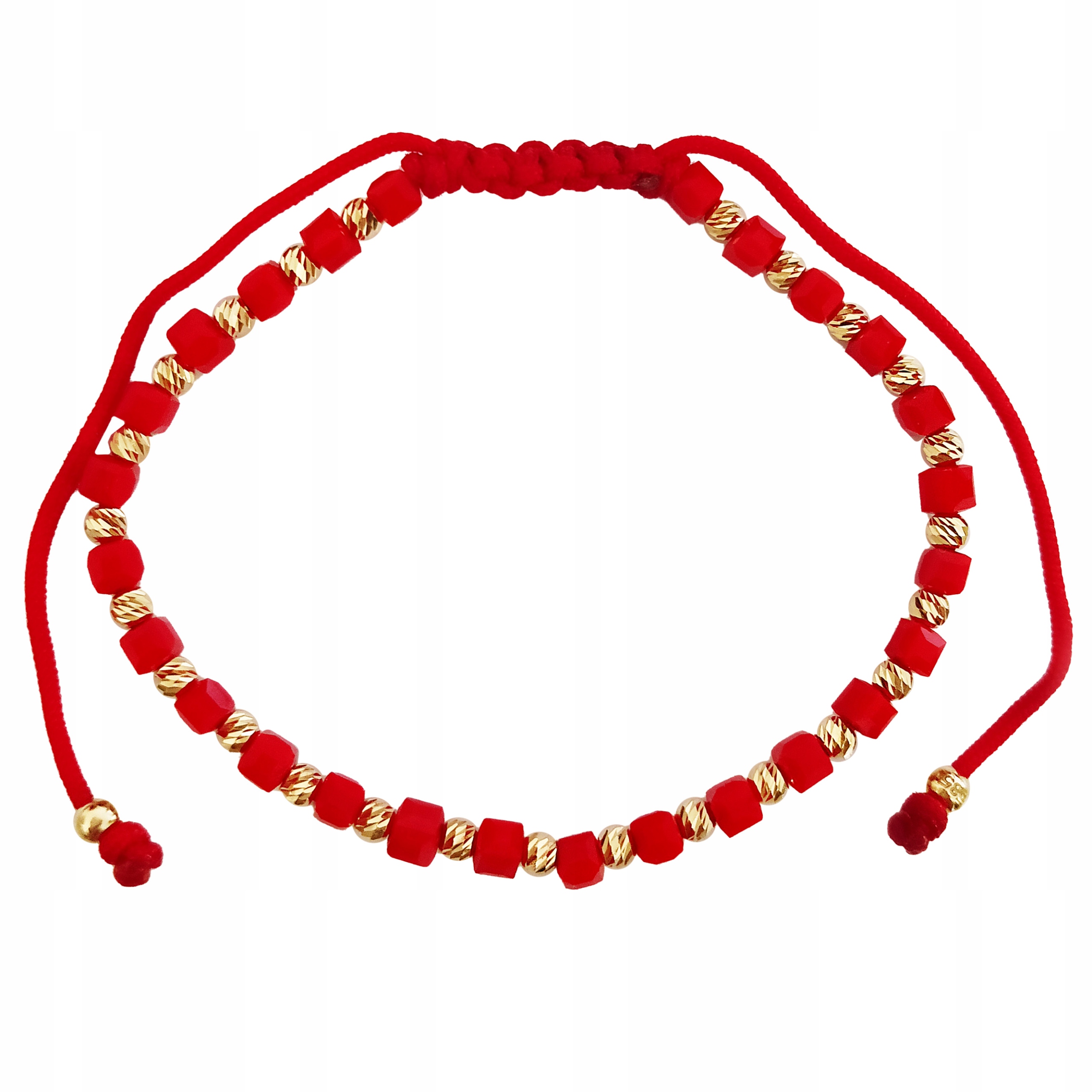 Zlatý náramek 585 provázek červený provázkový kuličky zlaté dárek