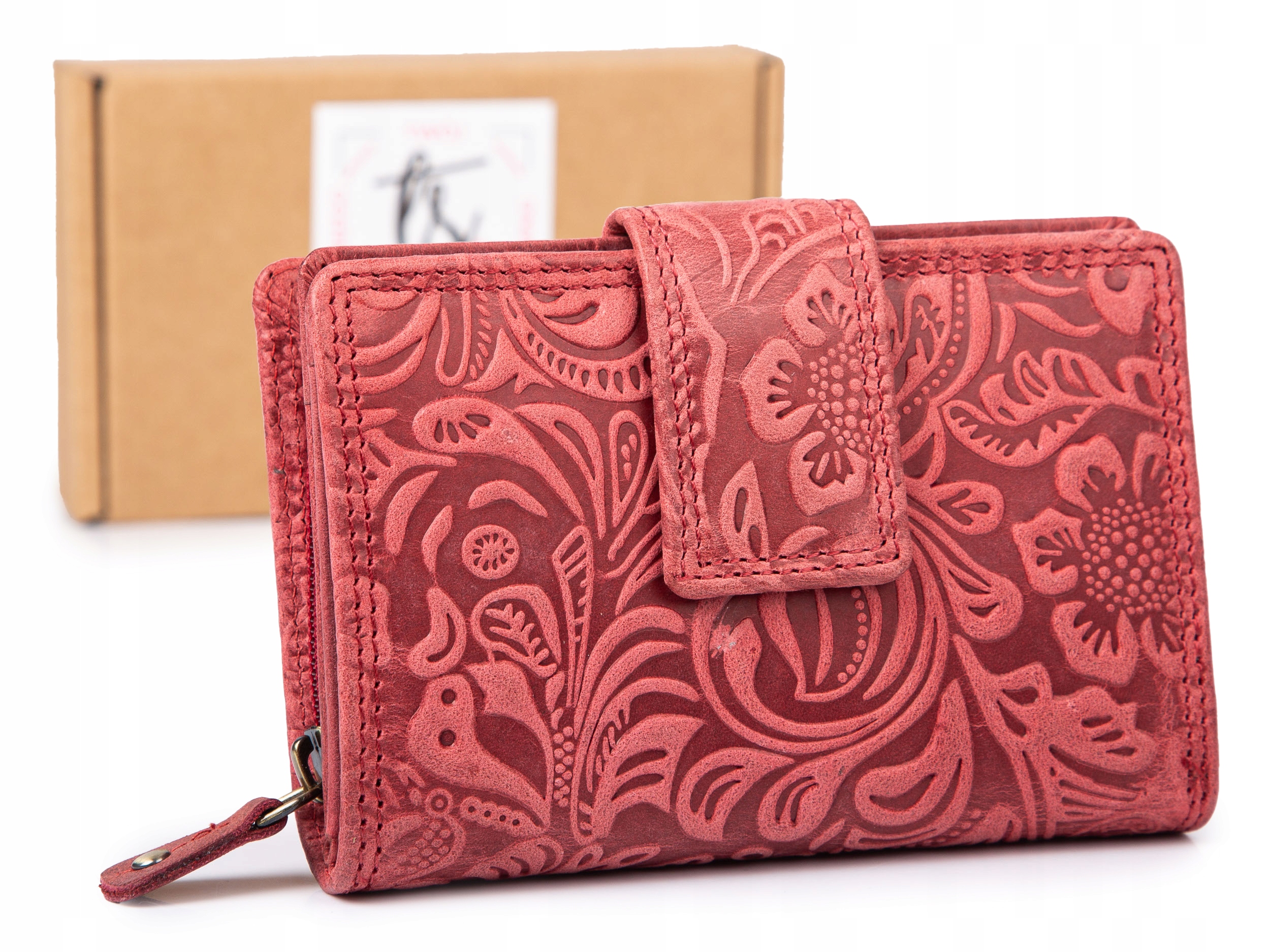Skórzany portfel damski w kwiaty matowy w stylu vintage Rfid jasnoczerwony