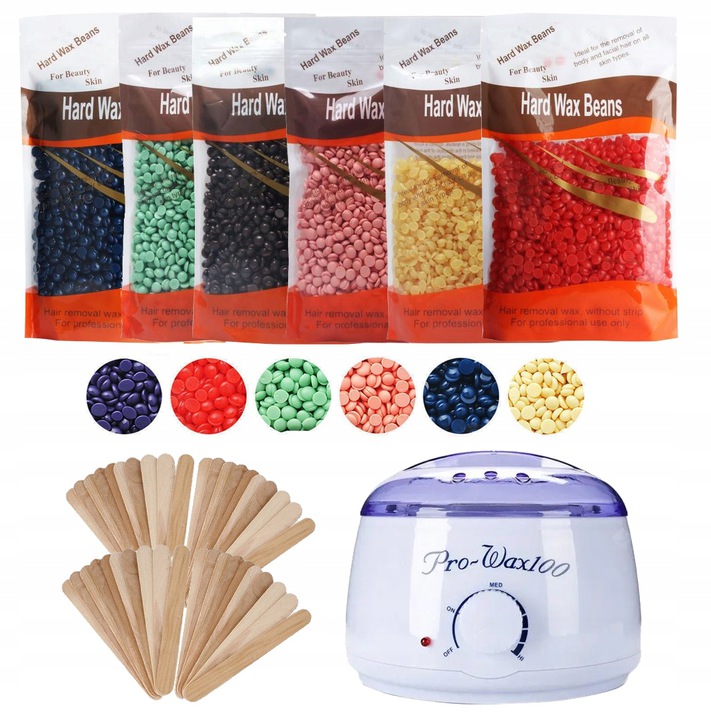 НАГРЕВАТЕЛЬ ВОСКА + 6x ЖЕСТКИЙ ВОСК + 100 ПАЛОЧЕК