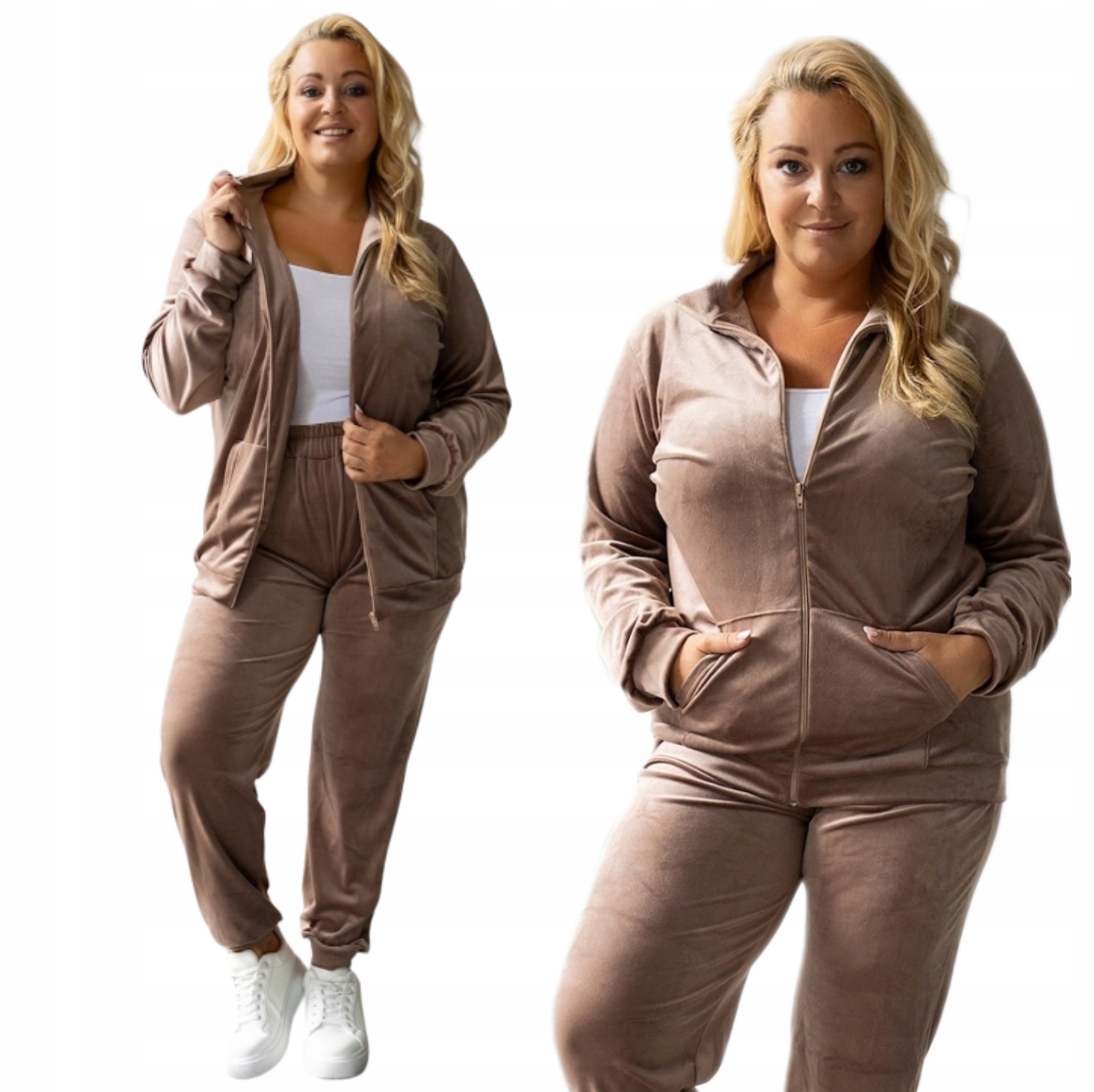 Dres welurowy Komplet Spodnie Bluza Rozpinana Cappuccino Pl Plus Size 48/50
