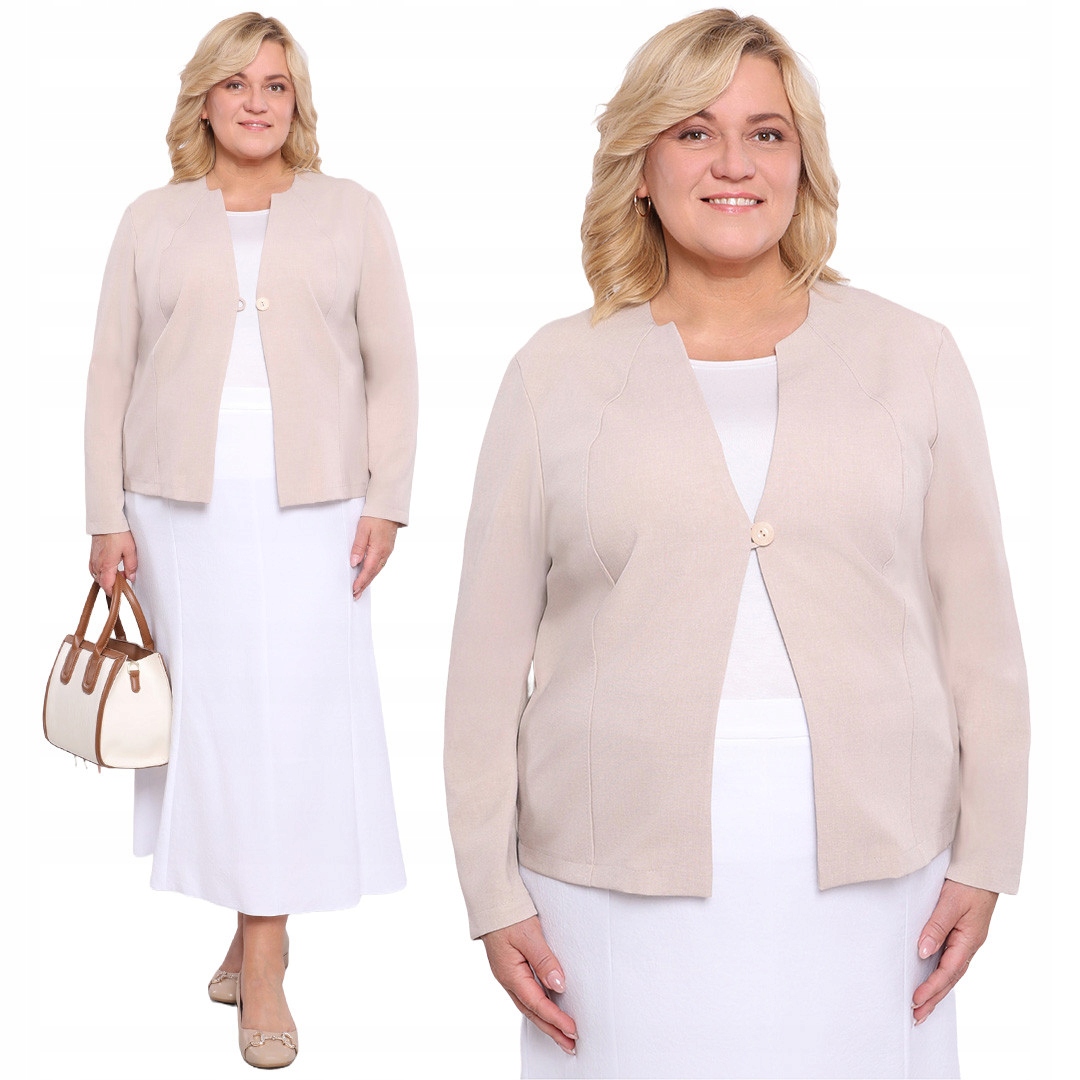 Lněná béžová sako s kapsami plus size velikost 60