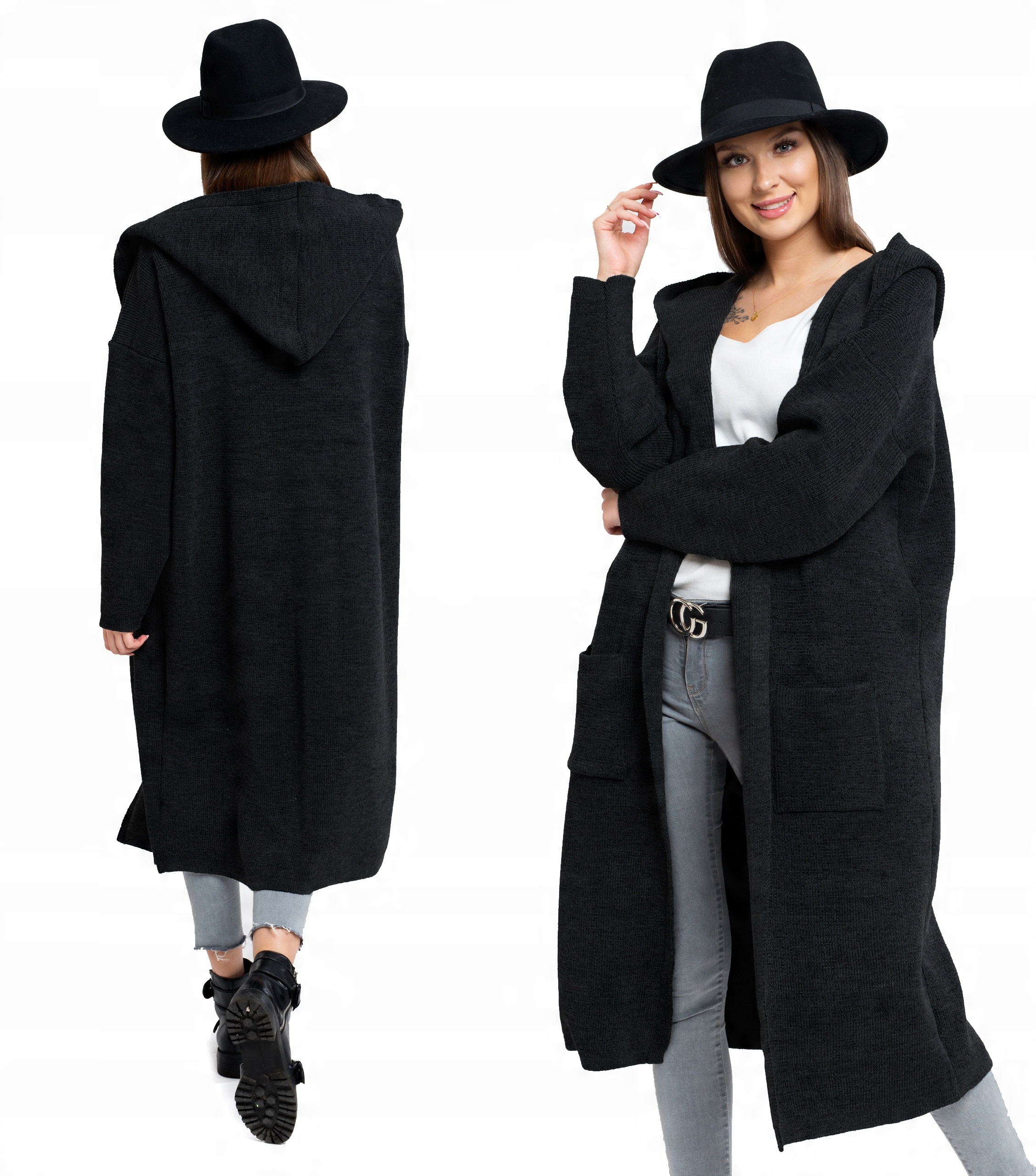 

Domi Sweter Kardigan Płaszcz Oversize Kaptur Long