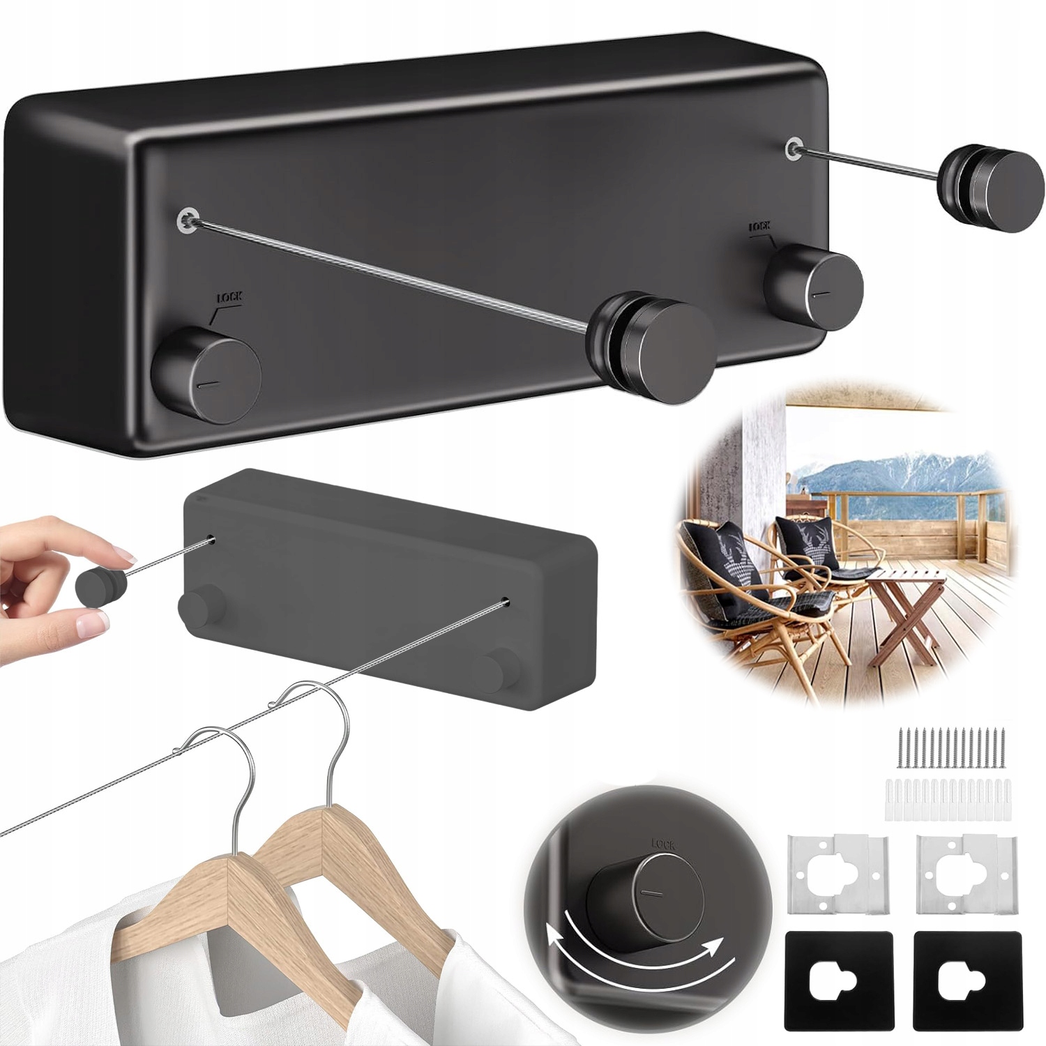 Levně Regulovatelná Šňůra Na Prádlo S Výsuvnou Šňůrkou Na Sušení Prádla, Černá