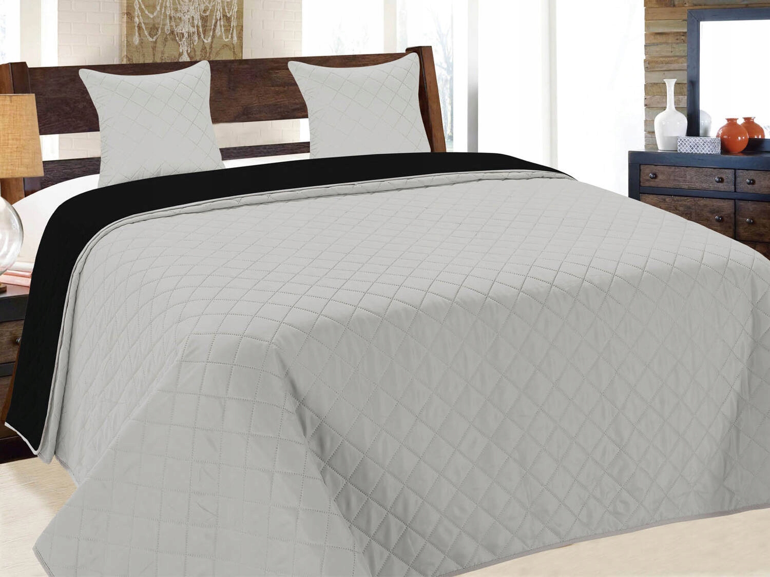 Narzuta Dwustronna Vigo Pled Kapa Jasnoszary Czarny 180x220 cm 2 poszewki