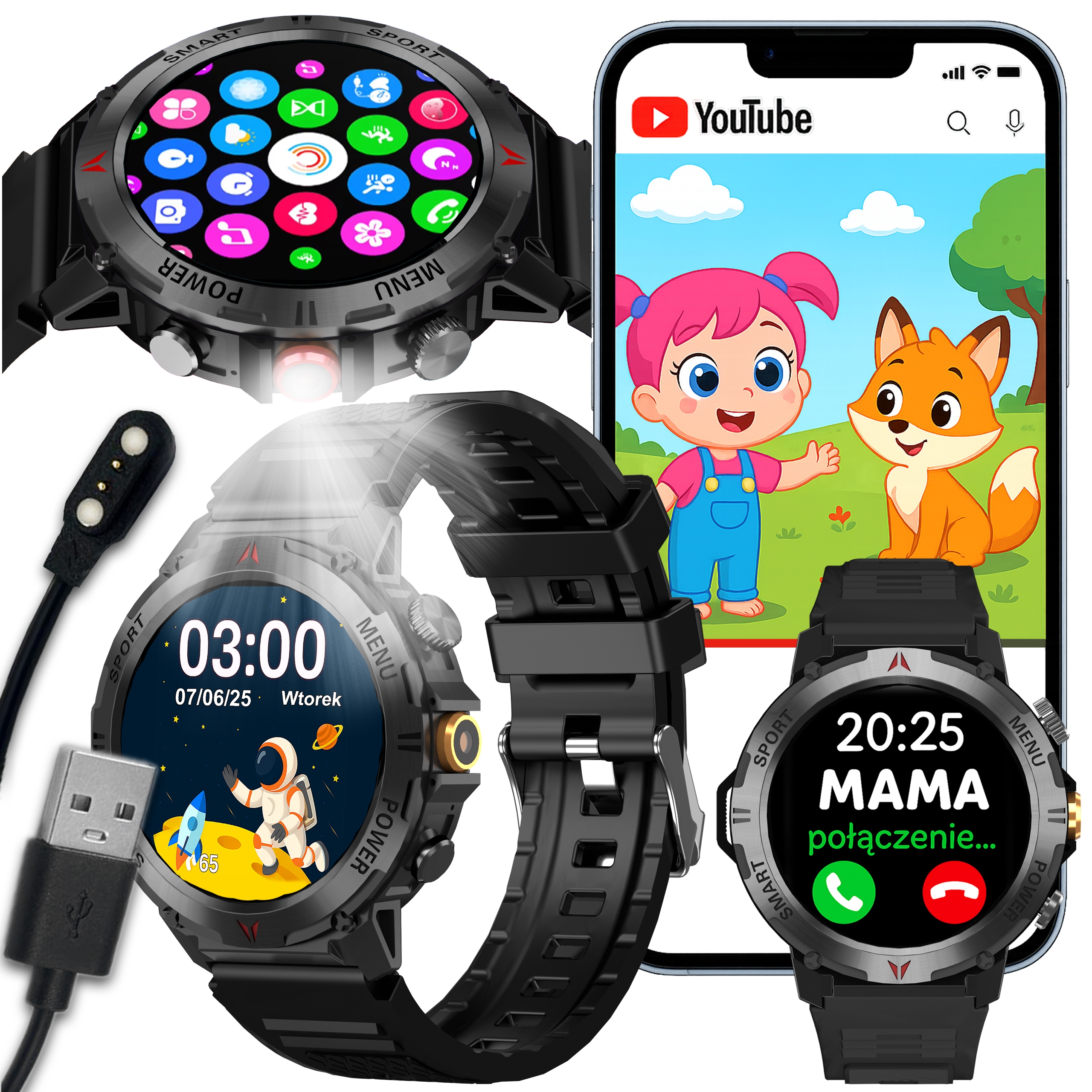 Smartwatch Dla Dzieci Dziecka Zegarek Telefon Sms Bluetooth IP68 Czarny