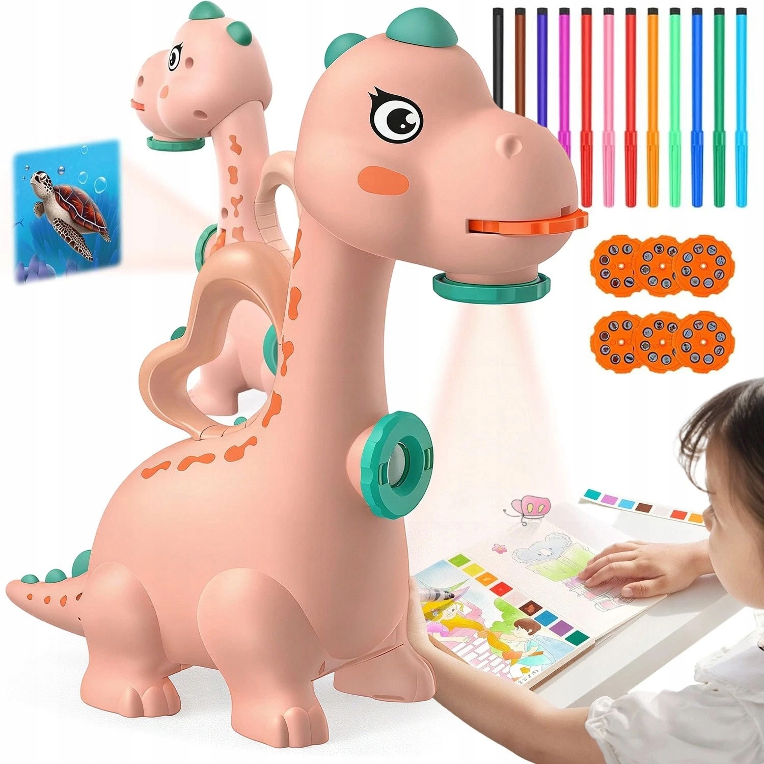 PROJEKTOR DO RYSOWANIA DINOZAURY 2W1 RÓŻOWY Z 6 OBRAZKAMI I 12 PISAKAMI