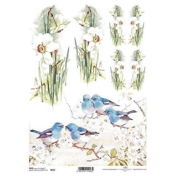 Papier Ryżowy decoupage A4 ITD-R0653 żonkile ptaki